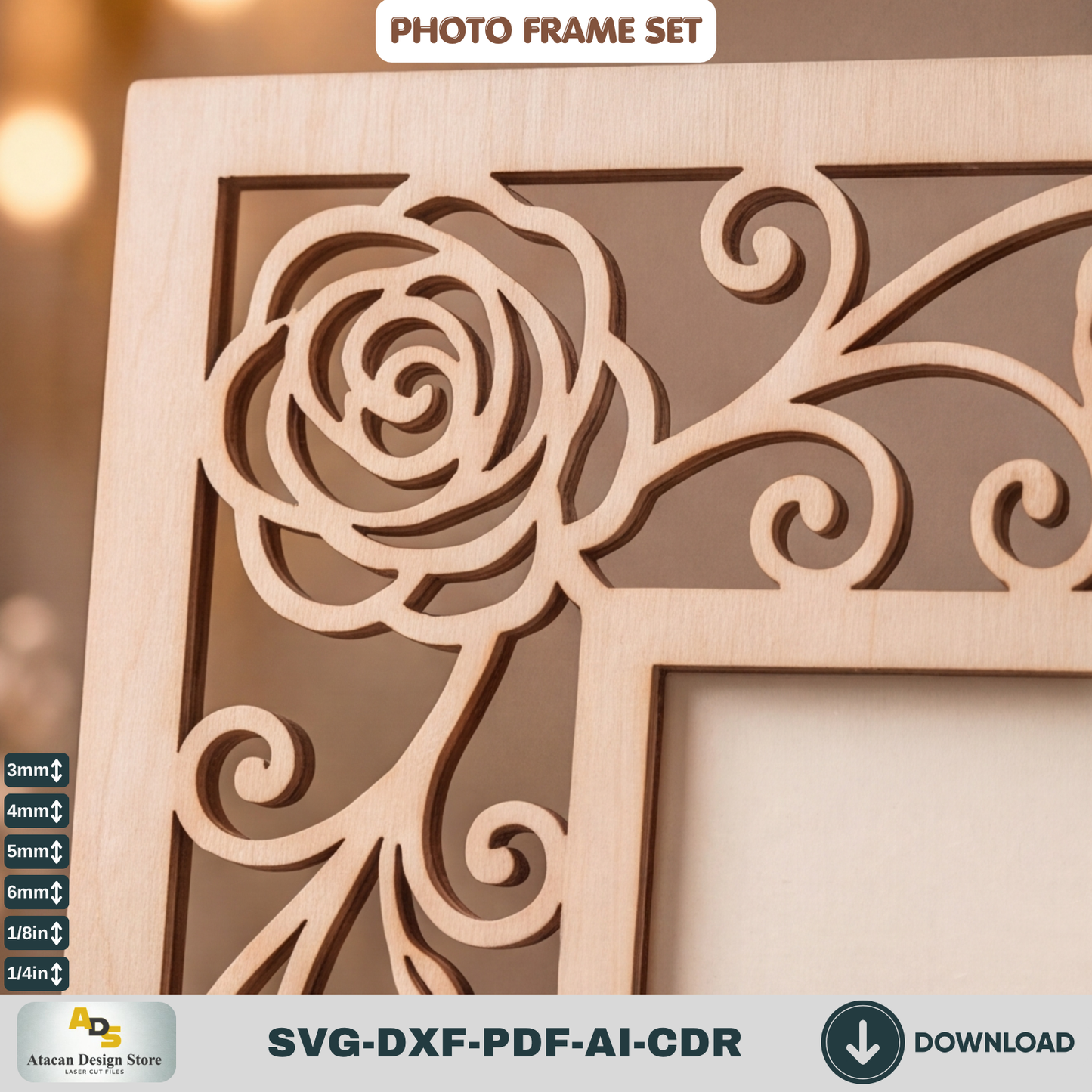 Laser Cut Photo Frame SVG Bundle – Floral Rustic Wood Home Decor Template