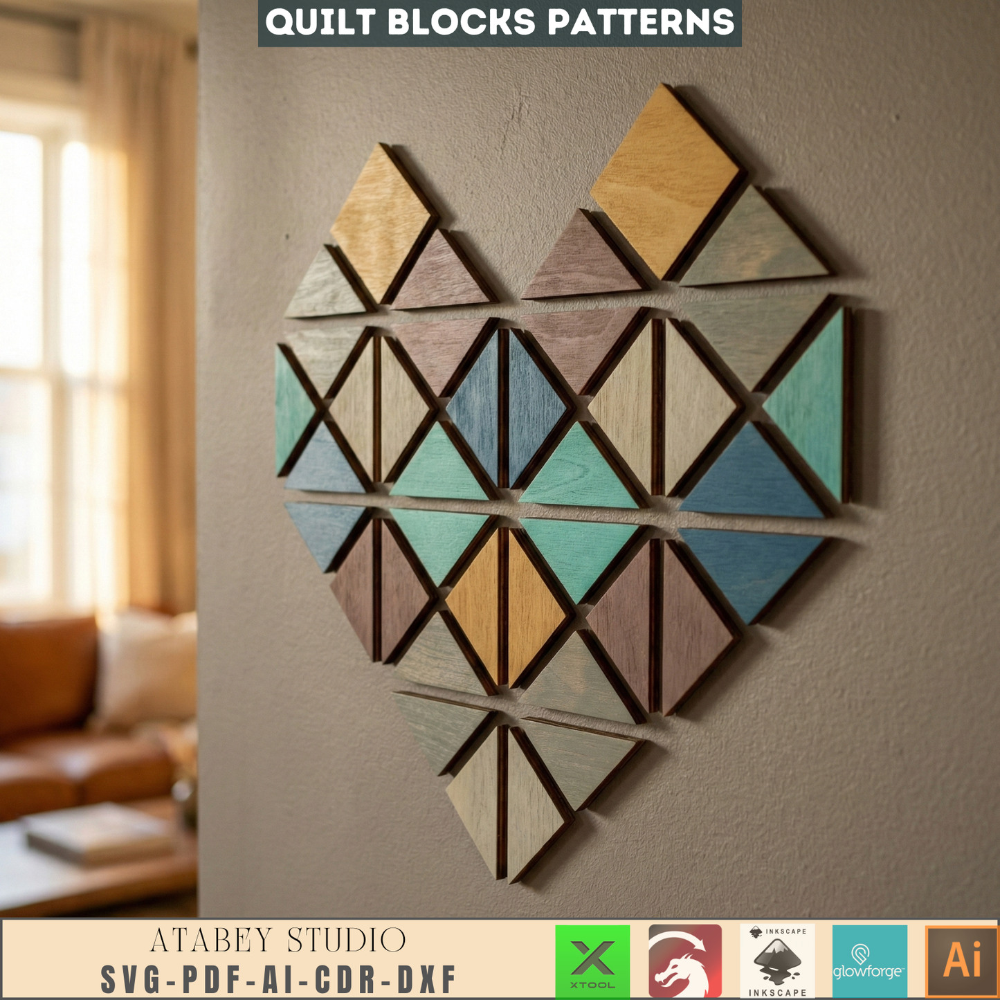 Geometric Quilt Block Wall Art Laser Cut Design Modern Farmhouse Wood Heart Butterfly Potted Flower 988