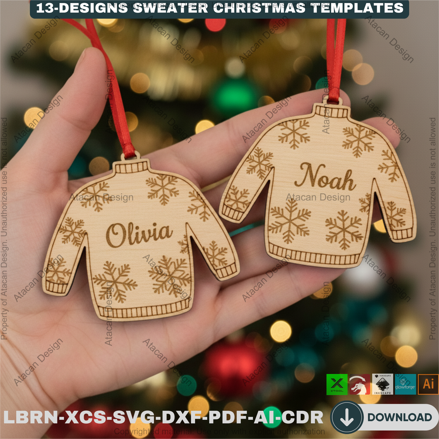 Personalized Sweater Christmas Ornament Bundle | 13 Holiday Designs | Laser Cut Template Set for DIY Xmas Gifts 918
