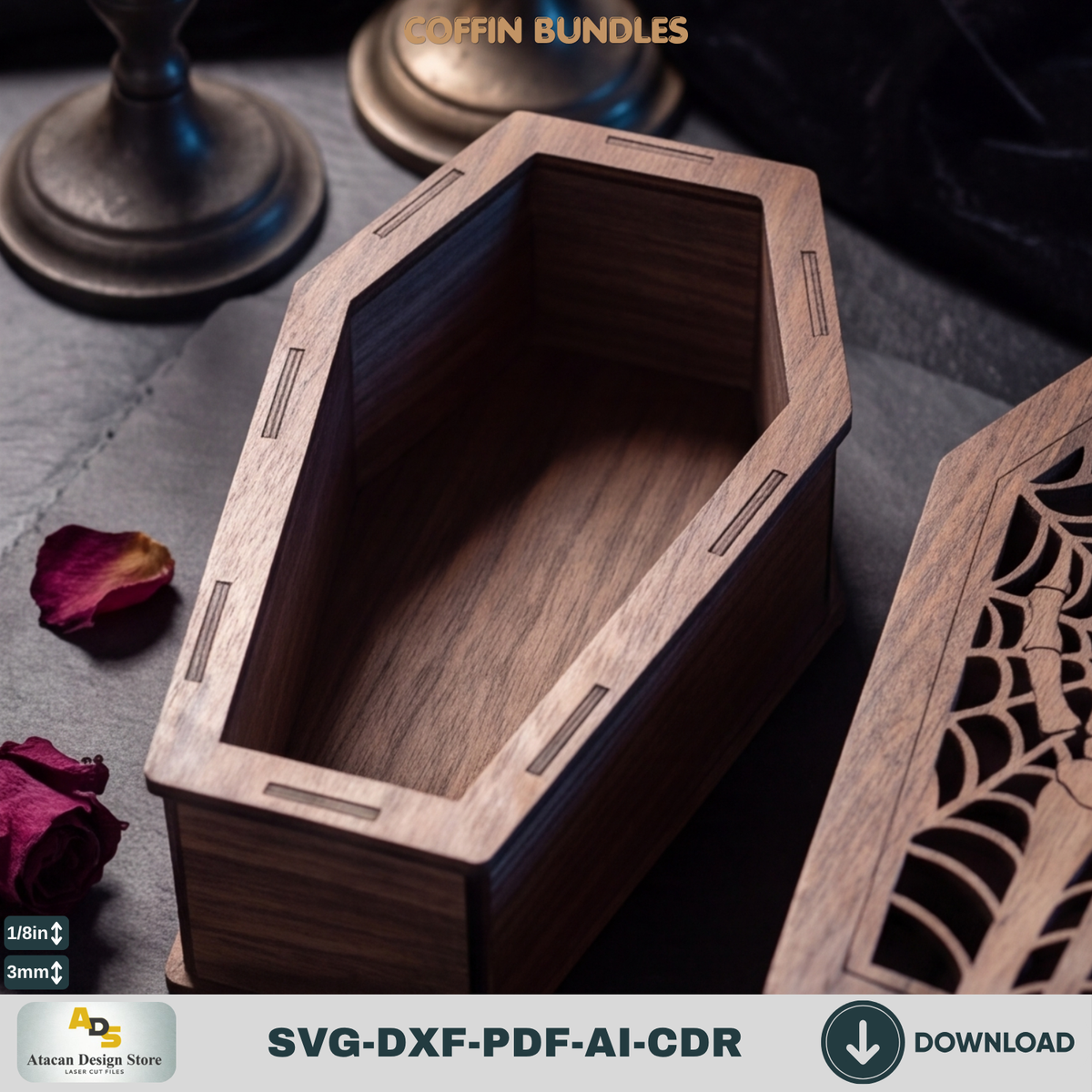 Gothic Coffin Box Laser Cut Bundle, Halloween Wooden Keepsake Casket Template, Spooky Trick or Treat 979