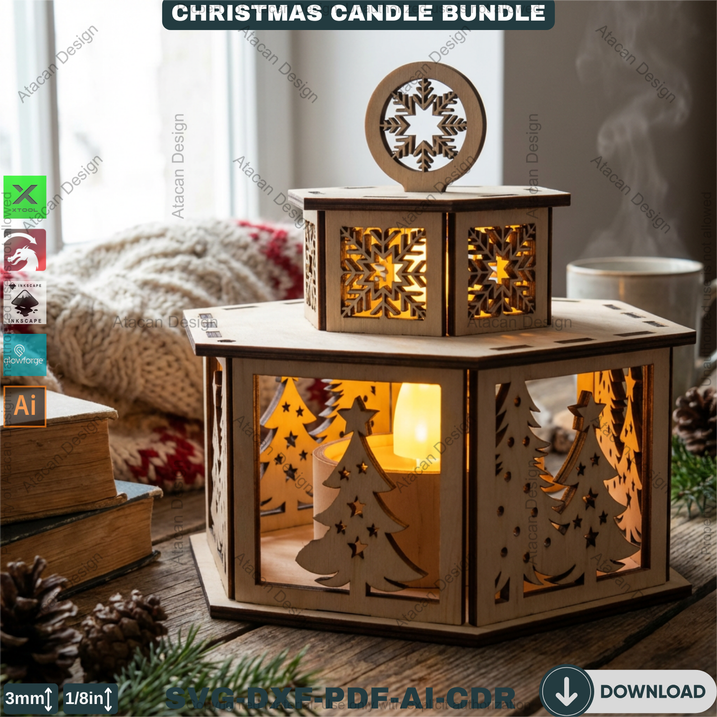 Christmas Candle Holder Bundle / Tealight Stands With Lid / Lantern Tabletop Decor / Holiday Ornaments 923