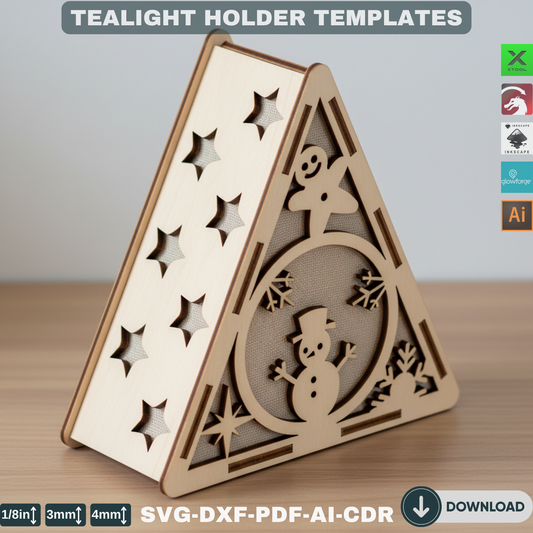 Snowman Lanterns SVG - Laser Cut Triangle Candle Holders with Festive Winter Scene for Holiday DIY Home Decor 779