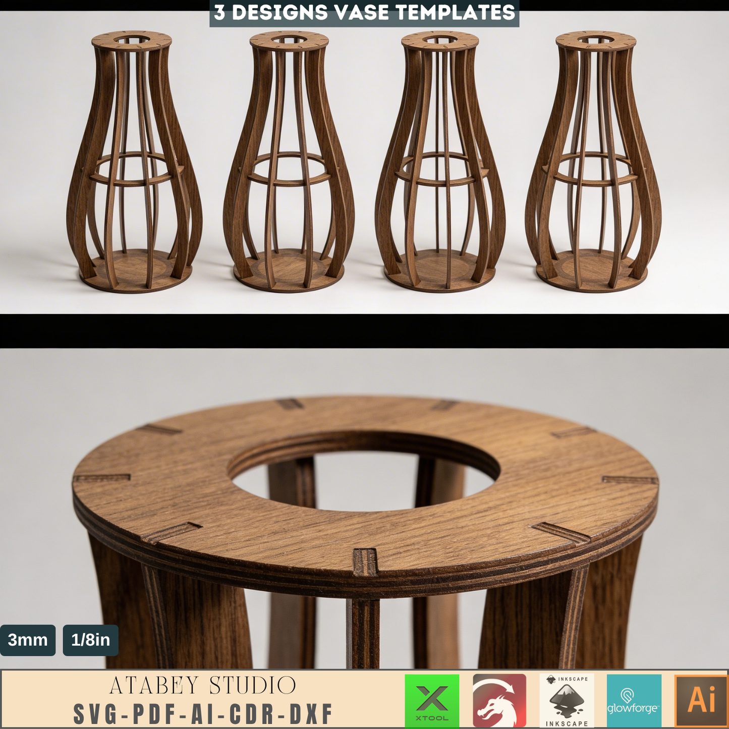 Wooden Vase Templates Set of 3 Slat Vase Designs Minimalist Table Decor Flower Stands 1002