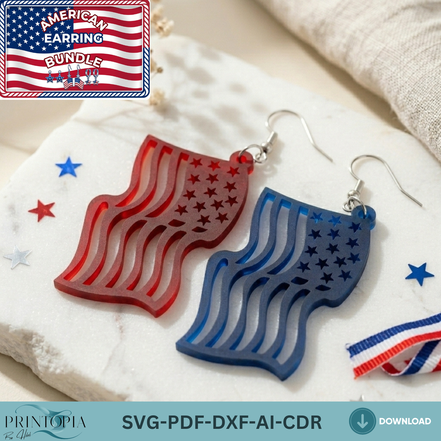 Patriotic Earring Laser Cut Design, Fourth of July American Flag Jewelry Template, USA Stars Independence Day