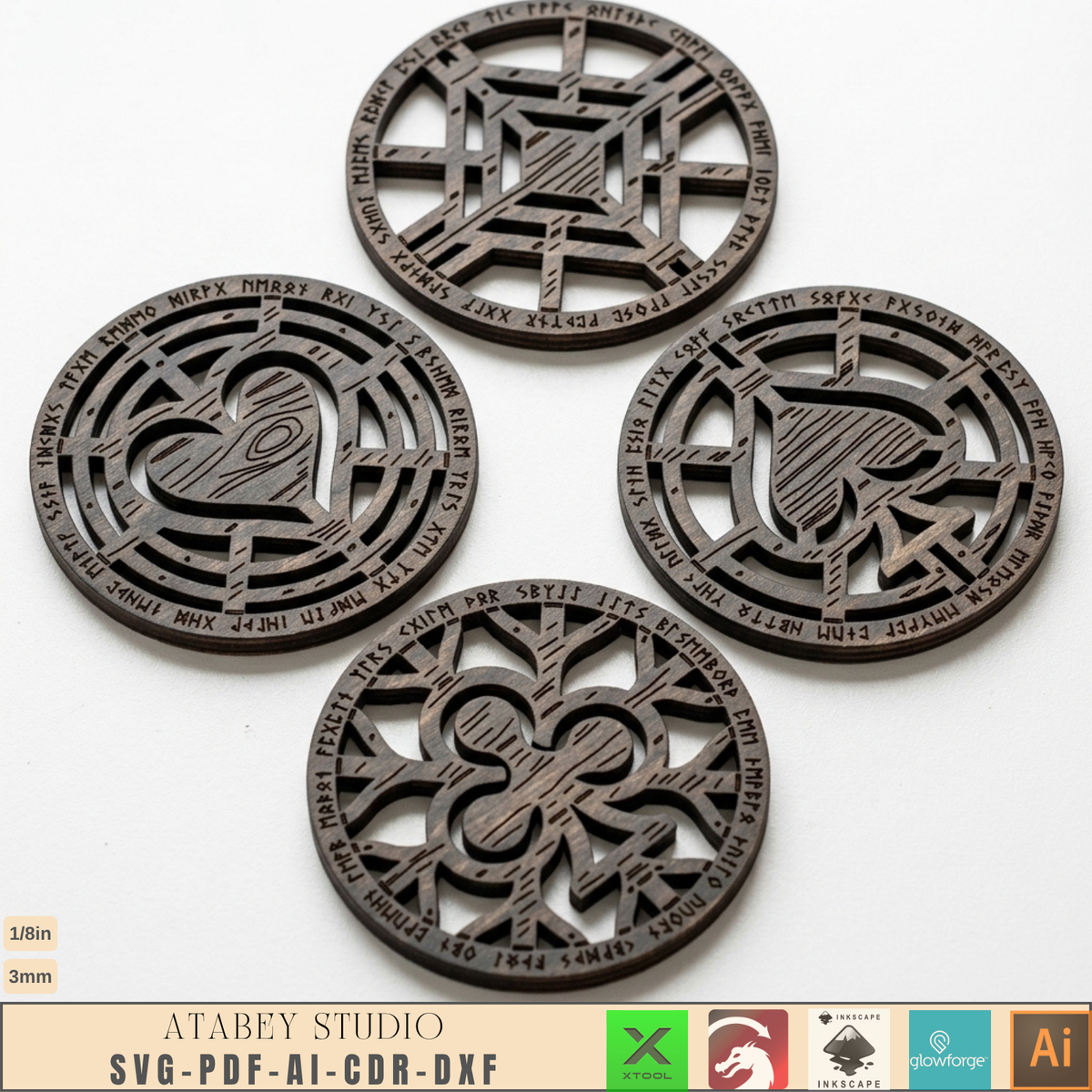 Norse Rune Poker Coasters Laser Cut File, Viking Drink Coaster Stand, Game Night Bar Gift for Him 1035