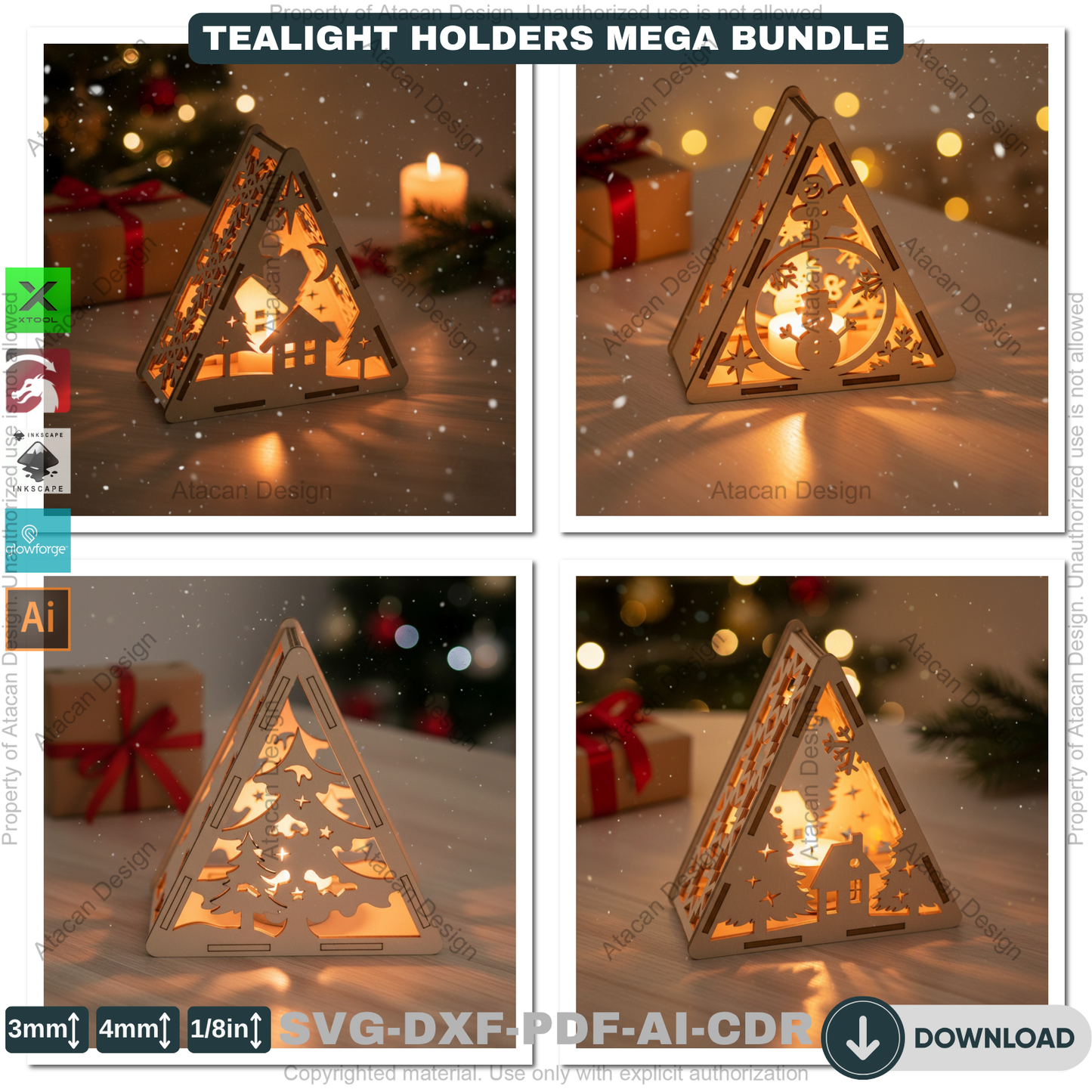 Christmas Pyramid Candle Holder Bundle Laser Cut Template Tealight Lantern Designs Winter Wood Decor Night Lights 919