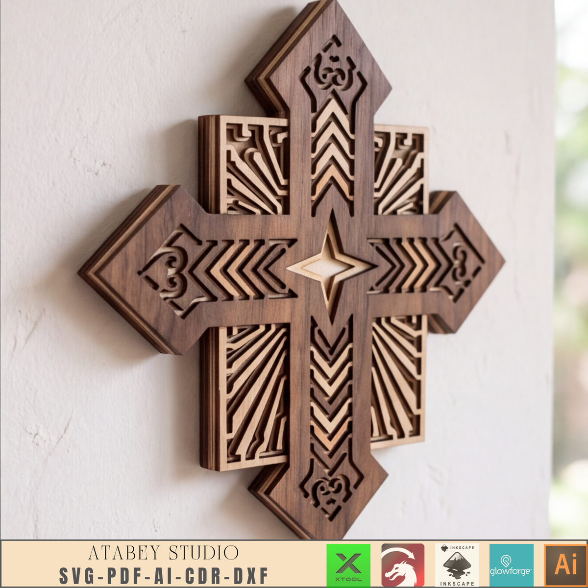 Layered Wooden Cross Laser Cut File Christian Wall Art Nativity Church Decor Vector Pattern