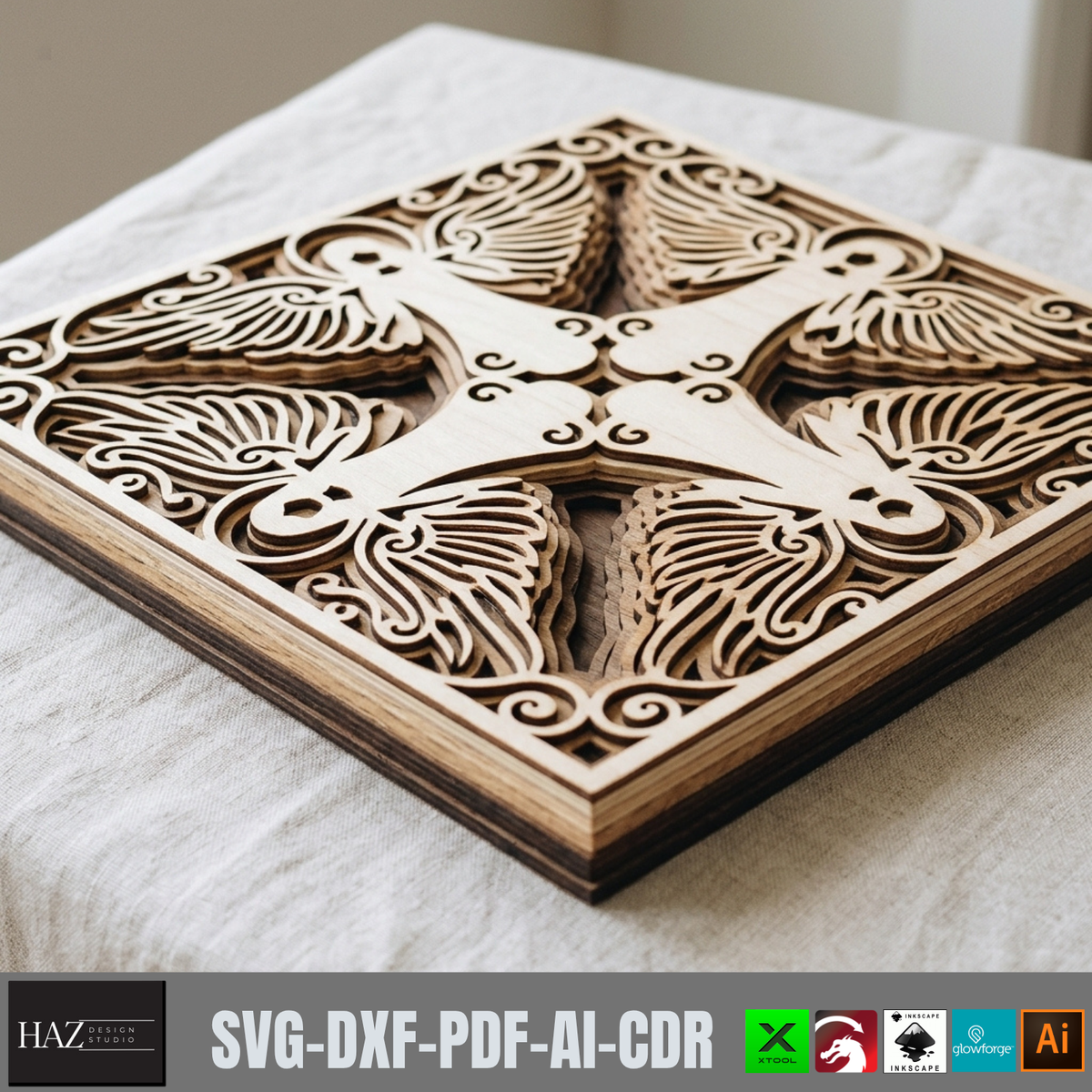 Four Angels Wooden Laser Cut Template, Religious Mandala Art, Layered Plywood Christmas Angel Decor