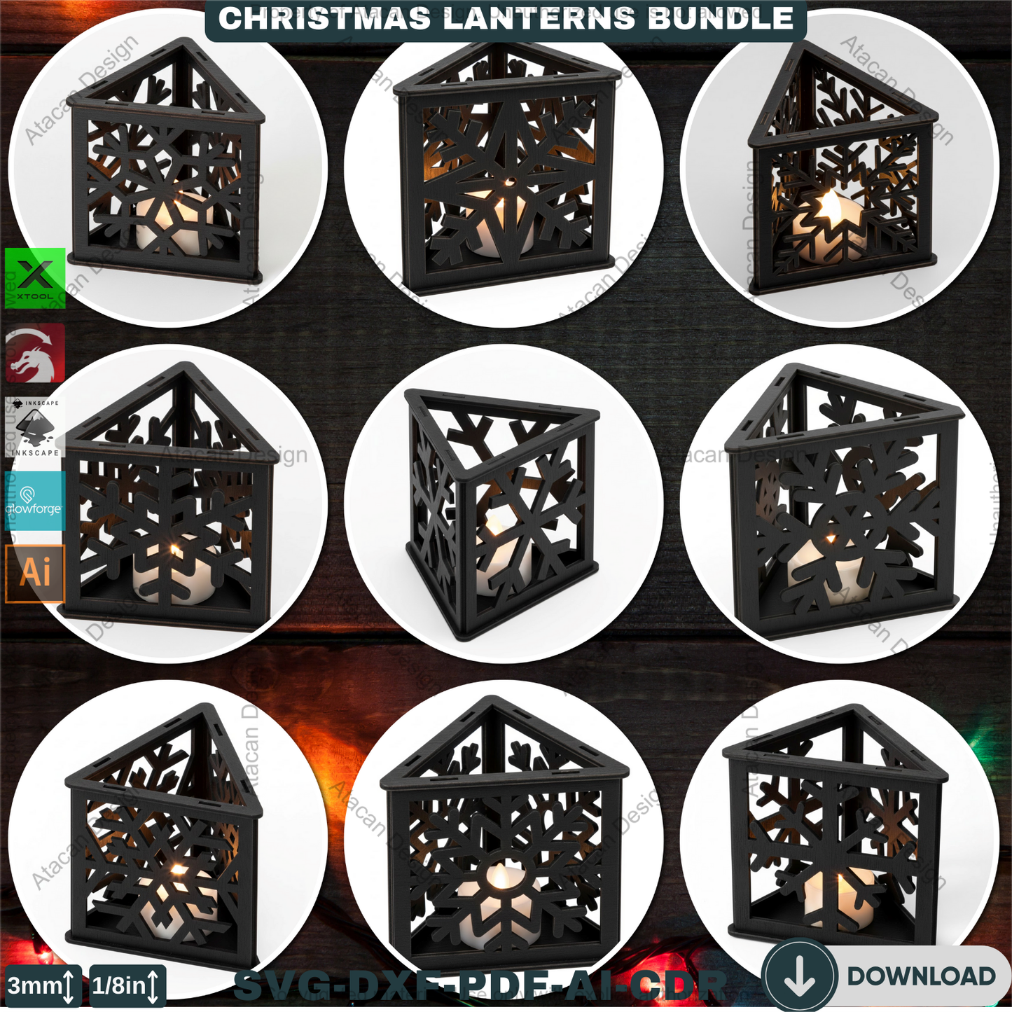 Christmas Lanterns Bundle Snowflake Candle Holders Tealight Table Decor Laser Cut Files 929