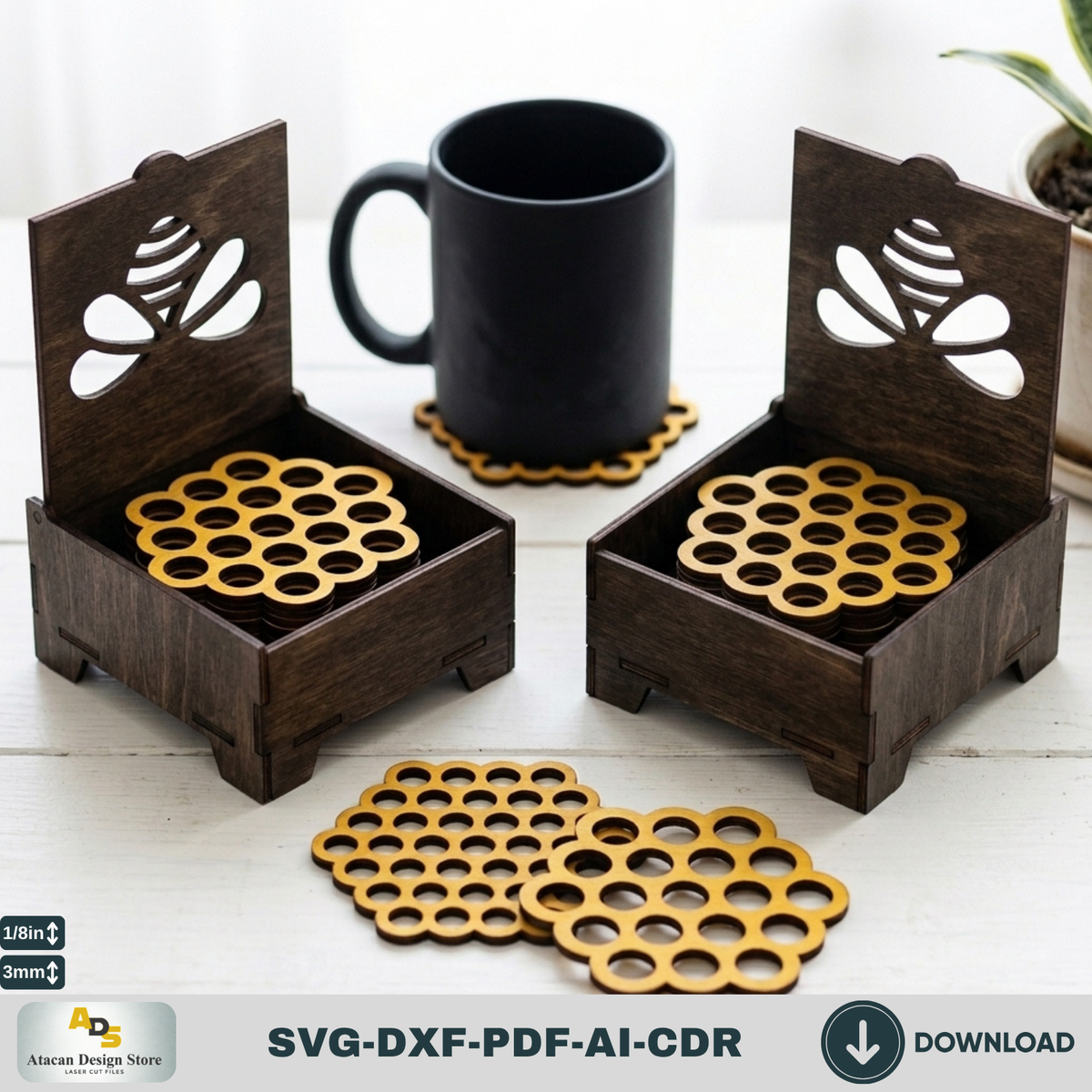 Honey Bee Coaster Set with Box SVG, Hexagon Honeycomb Coasters, Coaster Holder 305