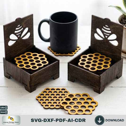 Honey Bee Coaster Set with Box SVG, Hexagon Honeycomb Coasters, Coaster Holder 305