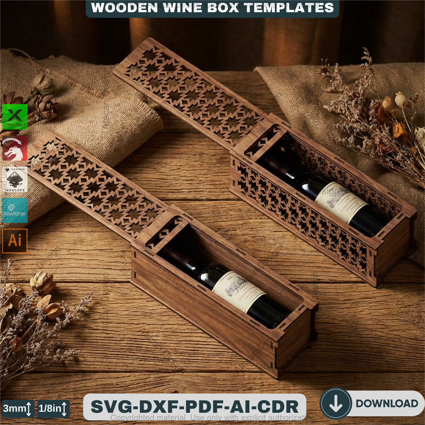 Laser Cut Wine Box Template Bundle, Wooden Bottle Carrier Pattern, Decorative Gift Holder Plan, CNC Cutting Design, Wedding Gift Box Project 935