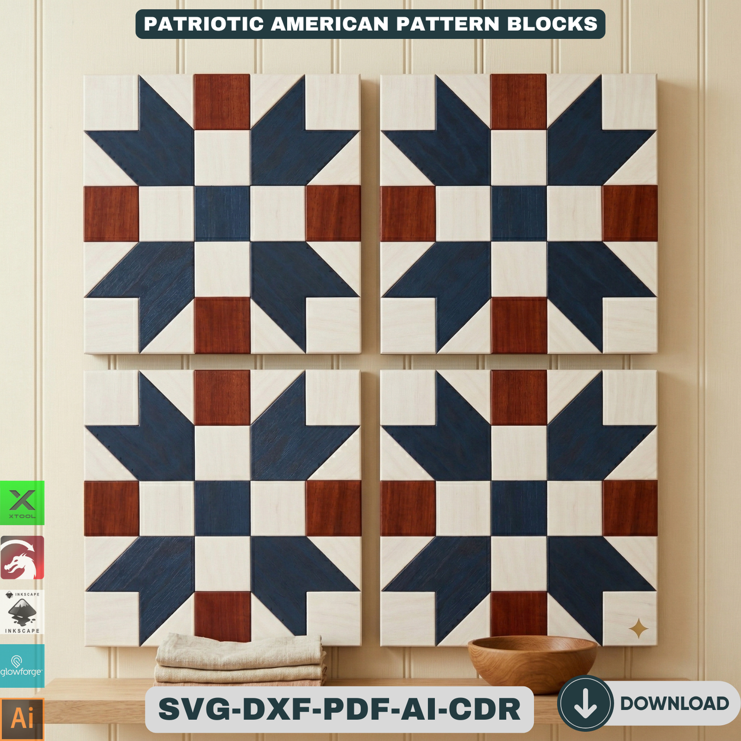 Patriotic American Barn Quilt Wall Decor Fourth of July Wooden Sign Geometric Star Block Patterns 943