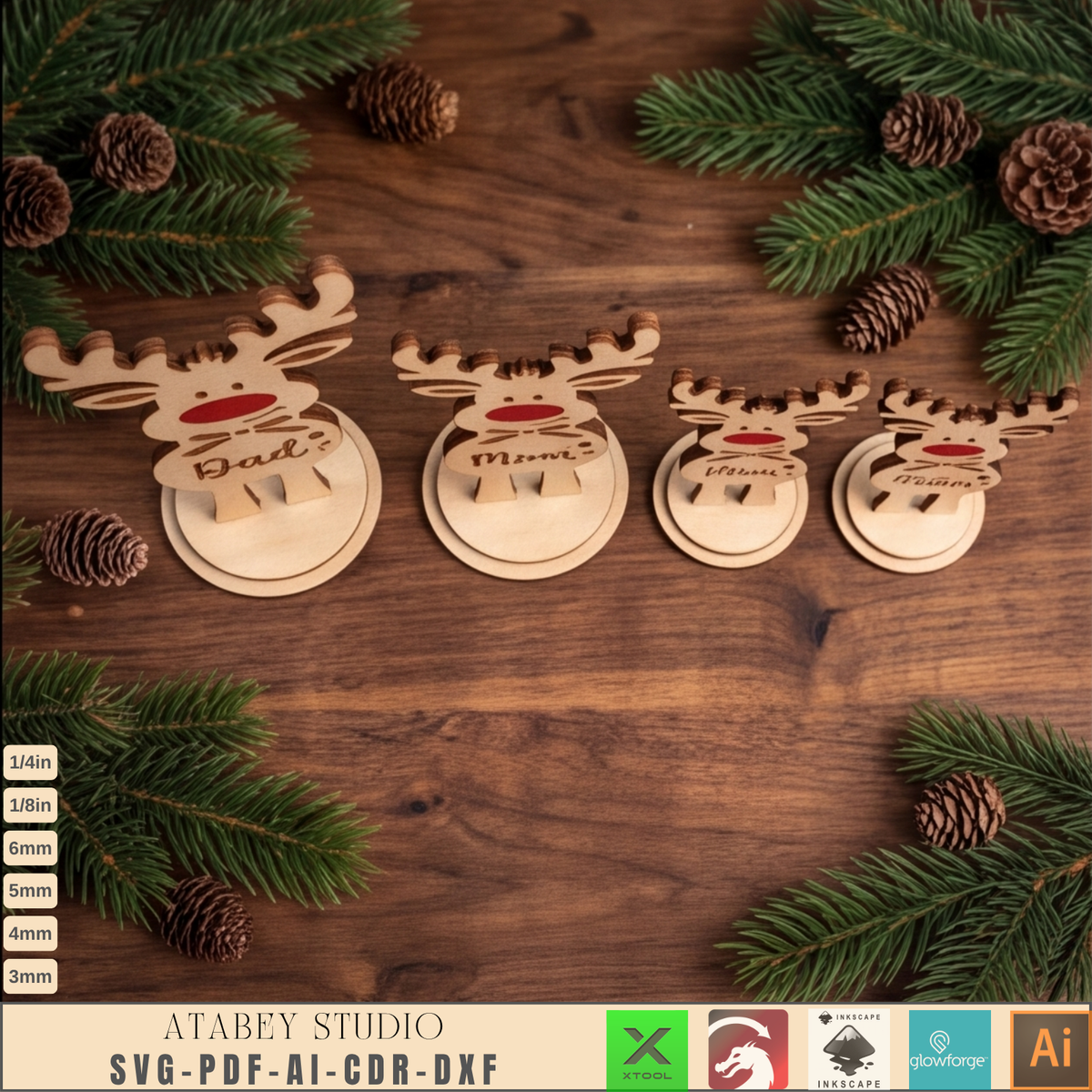 Wooden Reindeer Family Laser Cut Files - Holiday Name Decor for Christmas 1028