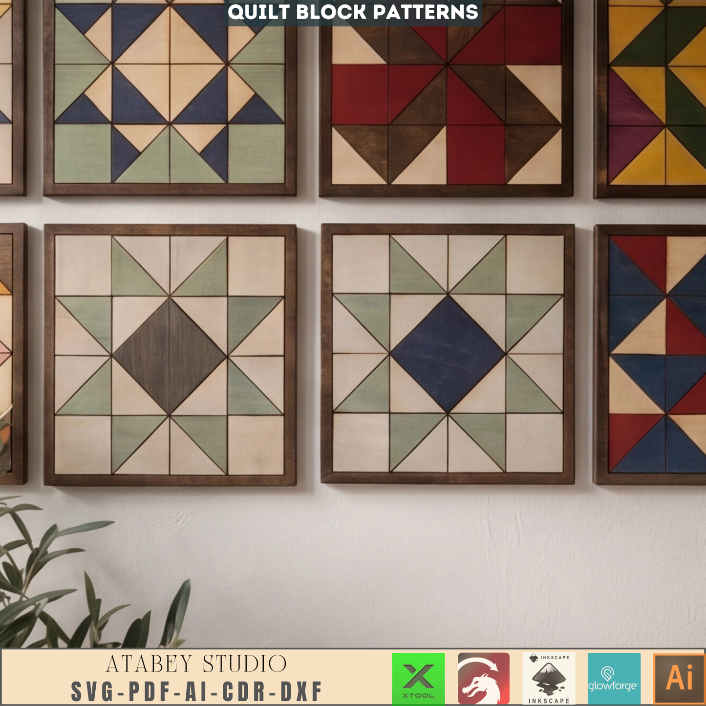 Geometric Barn Quilt Patterns - Laser Cut Quilt Blocks with Frames for DIY Projects