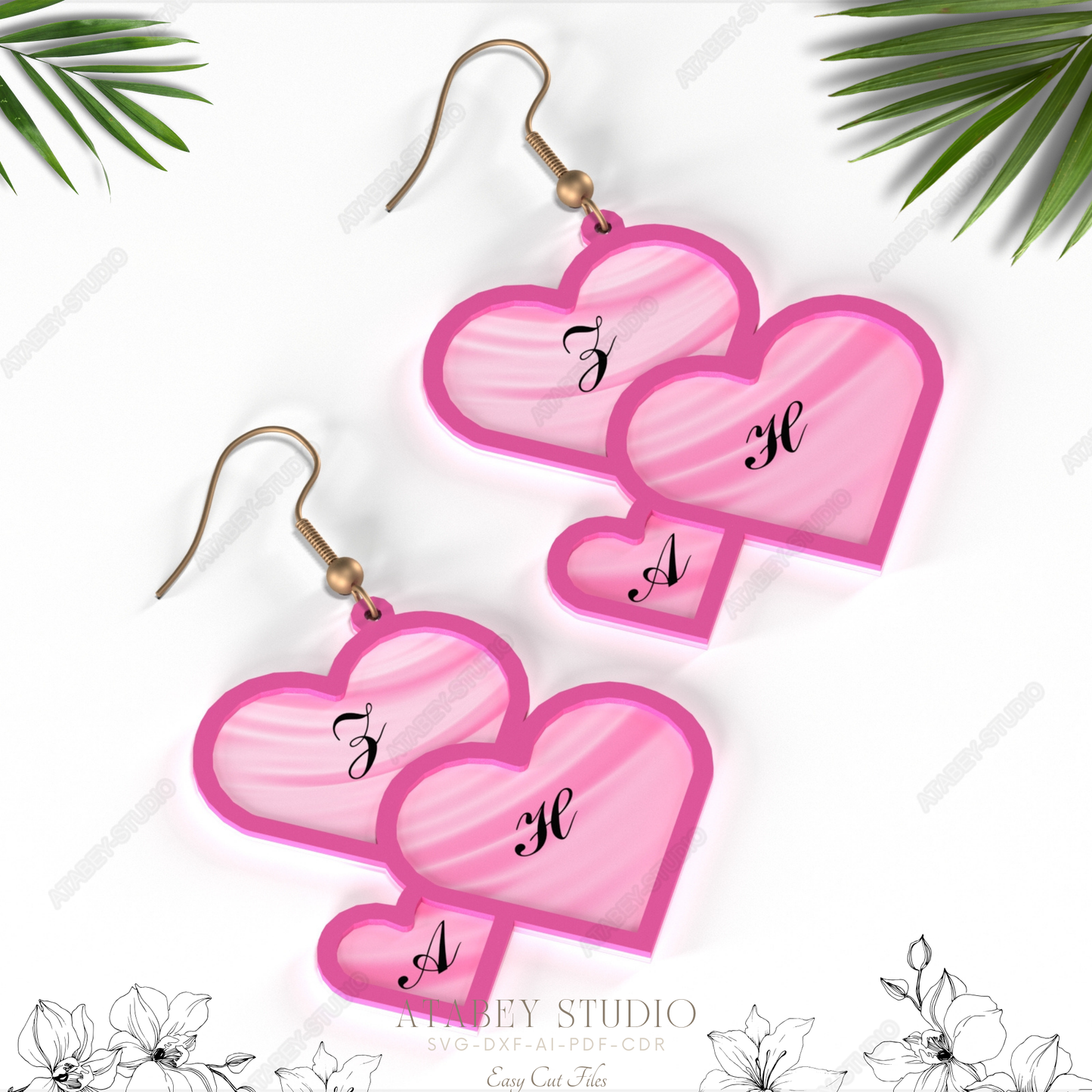 Valentine's Day Pink Heart Earrings - Custom Name Laser Cut Jewelry Files 841