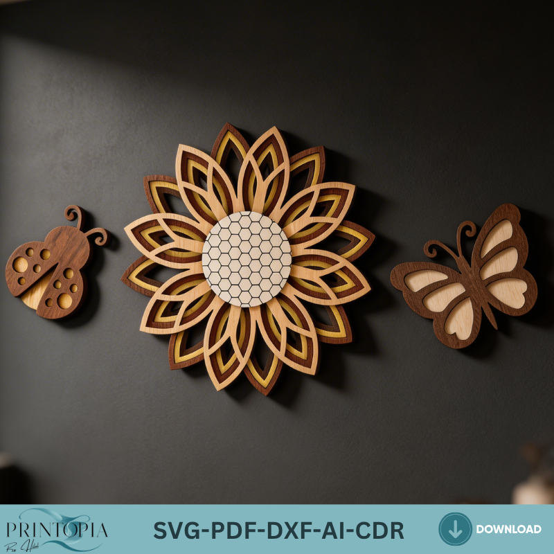 3D Layered Sunflower Wall Art Butterfly Ladybug LaserCut Template Nature Decor Layered Wood Design