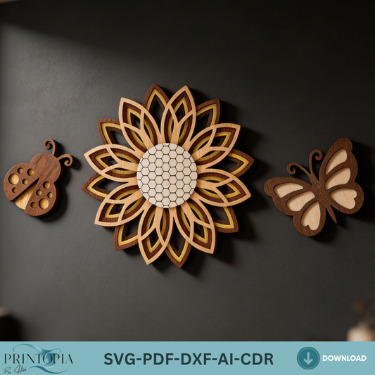 3D Layered Sunflower Wall Art Butterfly Ladybug LaserCut Template Nature Decor Layered Wood Design