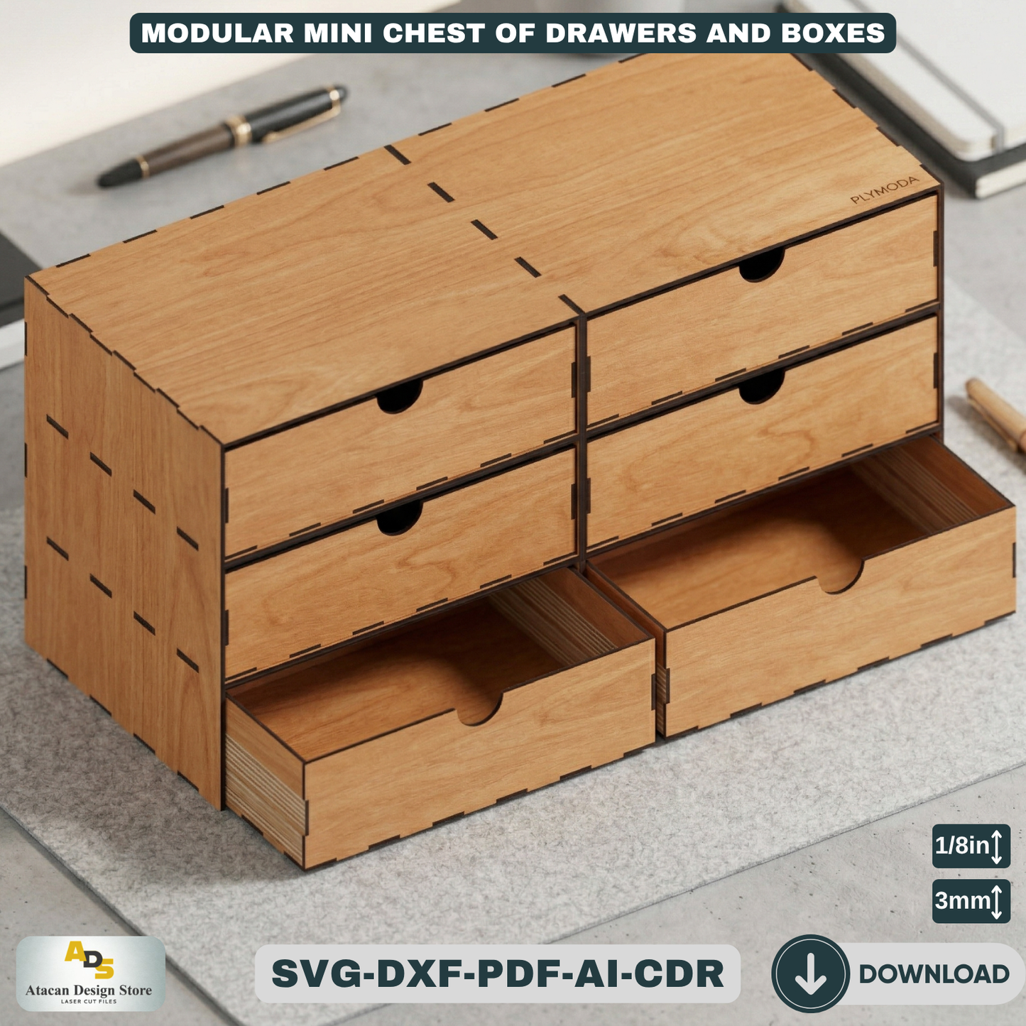 Laser Cut Modular Chest of Drawers - Perfect Desktop Organizer and Storage Solution 671