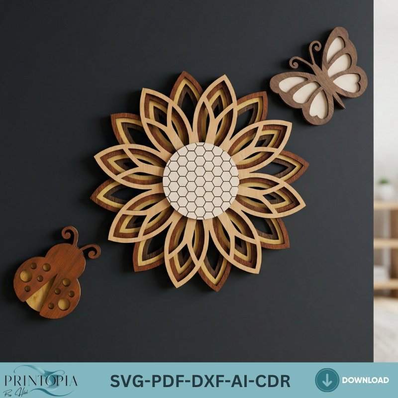 3D Layered Sunflower Wall Art Butterfly Ladybug LaserCut Template Nature Decor Layered Wood Design