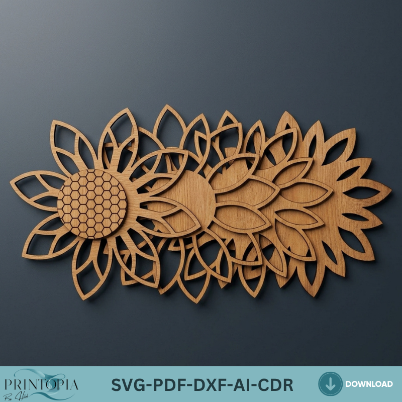3D Layered Sunflower Wall Art Butterfly Ladybug LaserCut Template Nature Decor Layered Wood Design