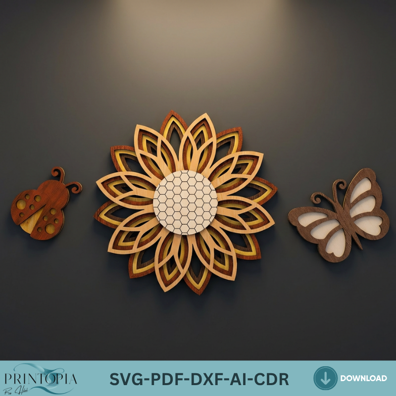 3D Layered Sunflower Wall Art Butterfly Ladybug LaserCut Template Nature Decor Layered Wood Design