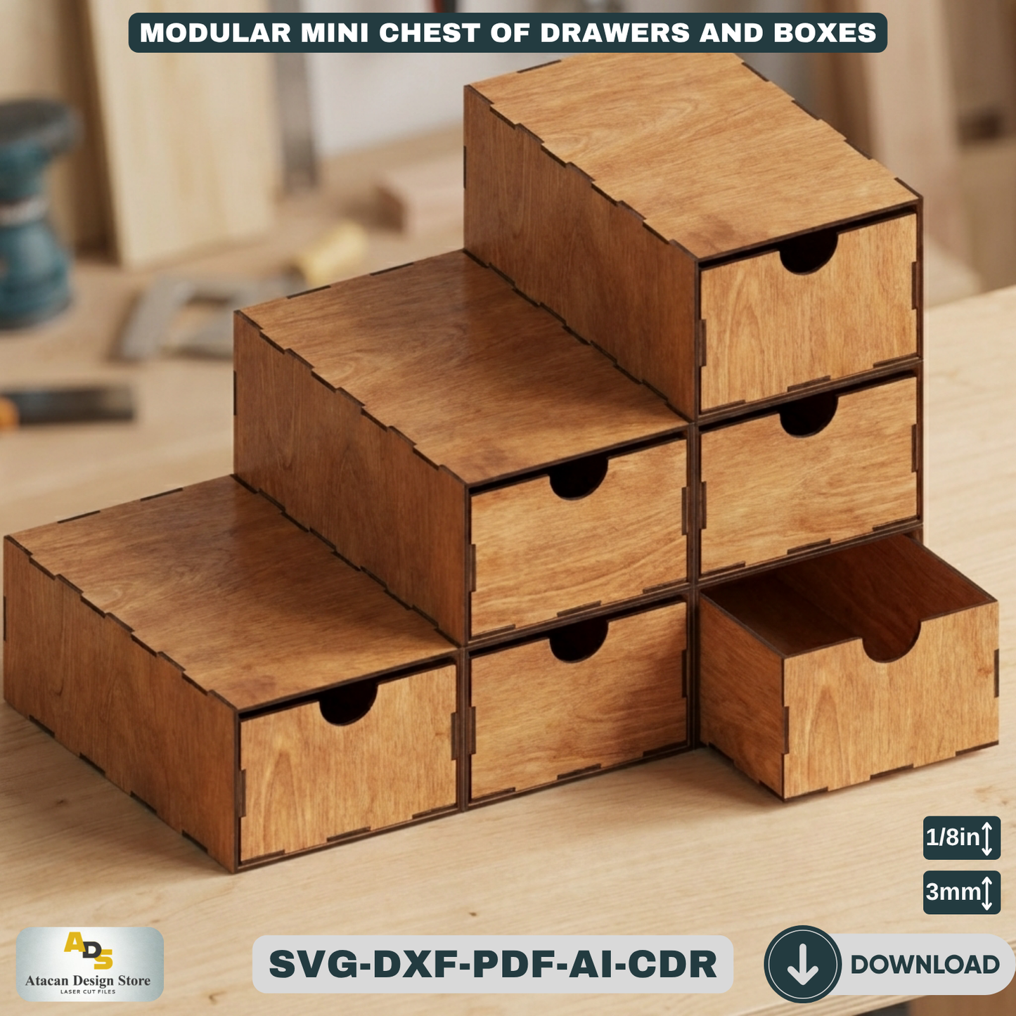 Laser Cut Modular Chest of Drawers - Perfect Desktop Organizer and Storage Solution 671