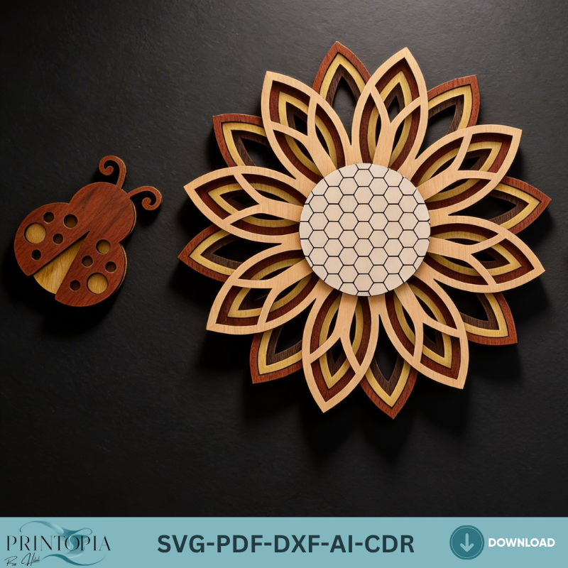 3D Layered Sunflower Wall Art Butterfly Ladybug LaserCut Template Nature Decor Layered Wood Design
