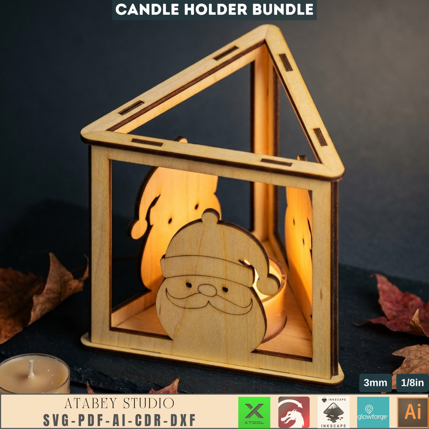 Christmas Tealight Holder Bundle Laser Cut Files, Cute Santa Reindeer Gnome Lanterns, Triangle Candle Box 982