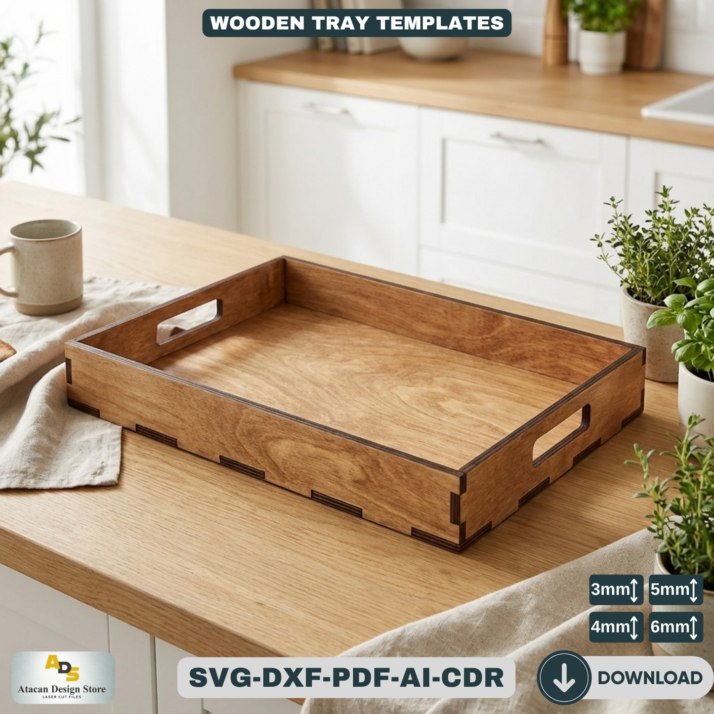 Elegant Flat Wooden Tray Design - Perfect for Coffee, Tea, and More 676