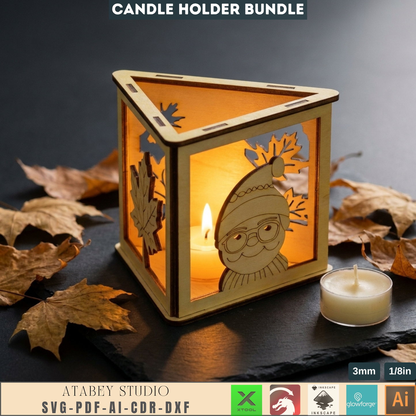 Christmas Tealight Holder Bundle Laser Cut Files, Cute Santa Reindeer Gnome Lanterns, Triangle Candle Box 982