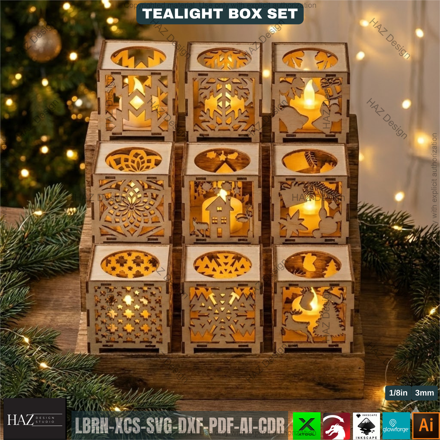 Tealight Holder Set Laser Cut Files, Christmas Candle Box Lantern, Tabletop Decor, Vector Templates 507