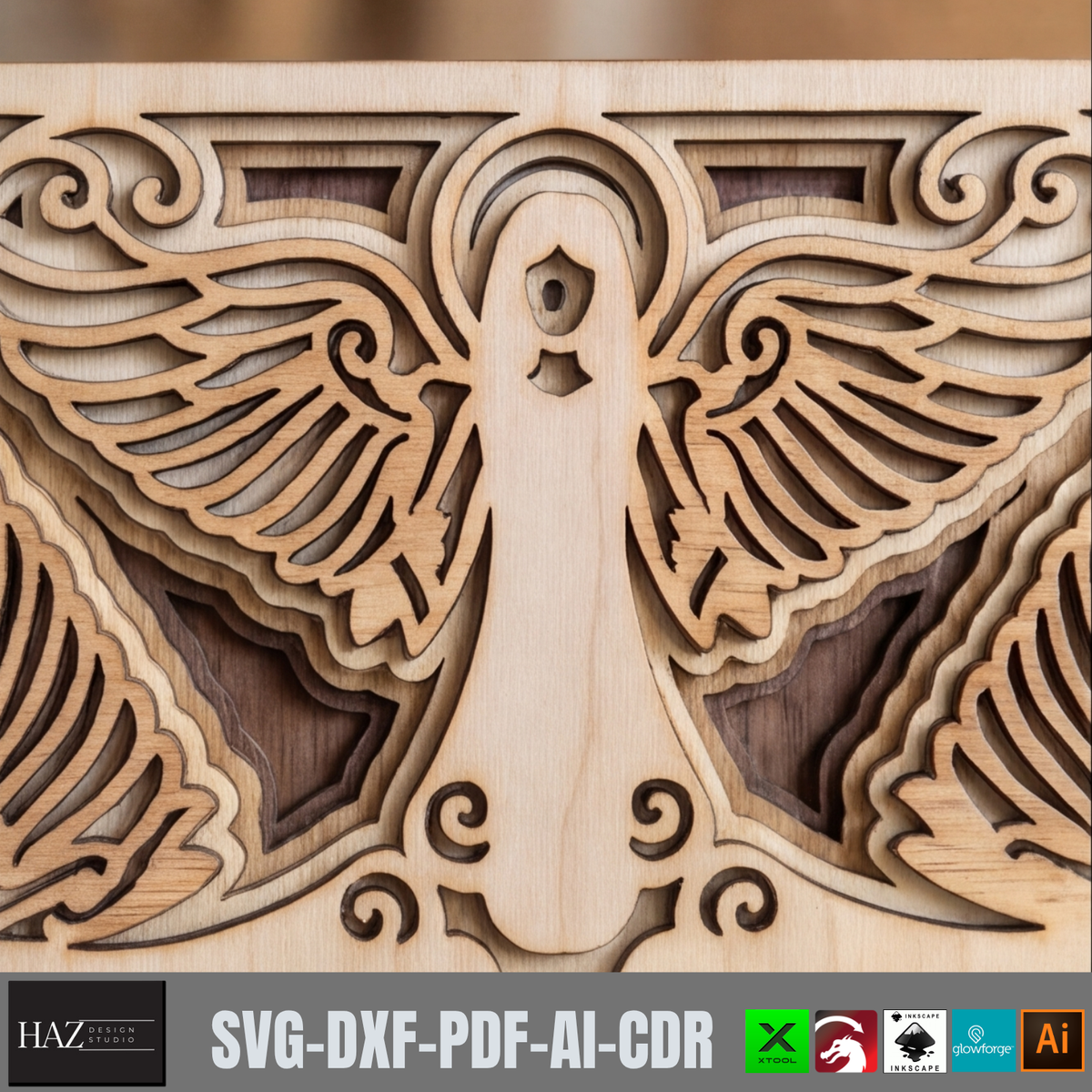 Four Angels Wooden Laser Cut Template, Religious Mandala Art, Layered Plywood Christmas Angel Decor