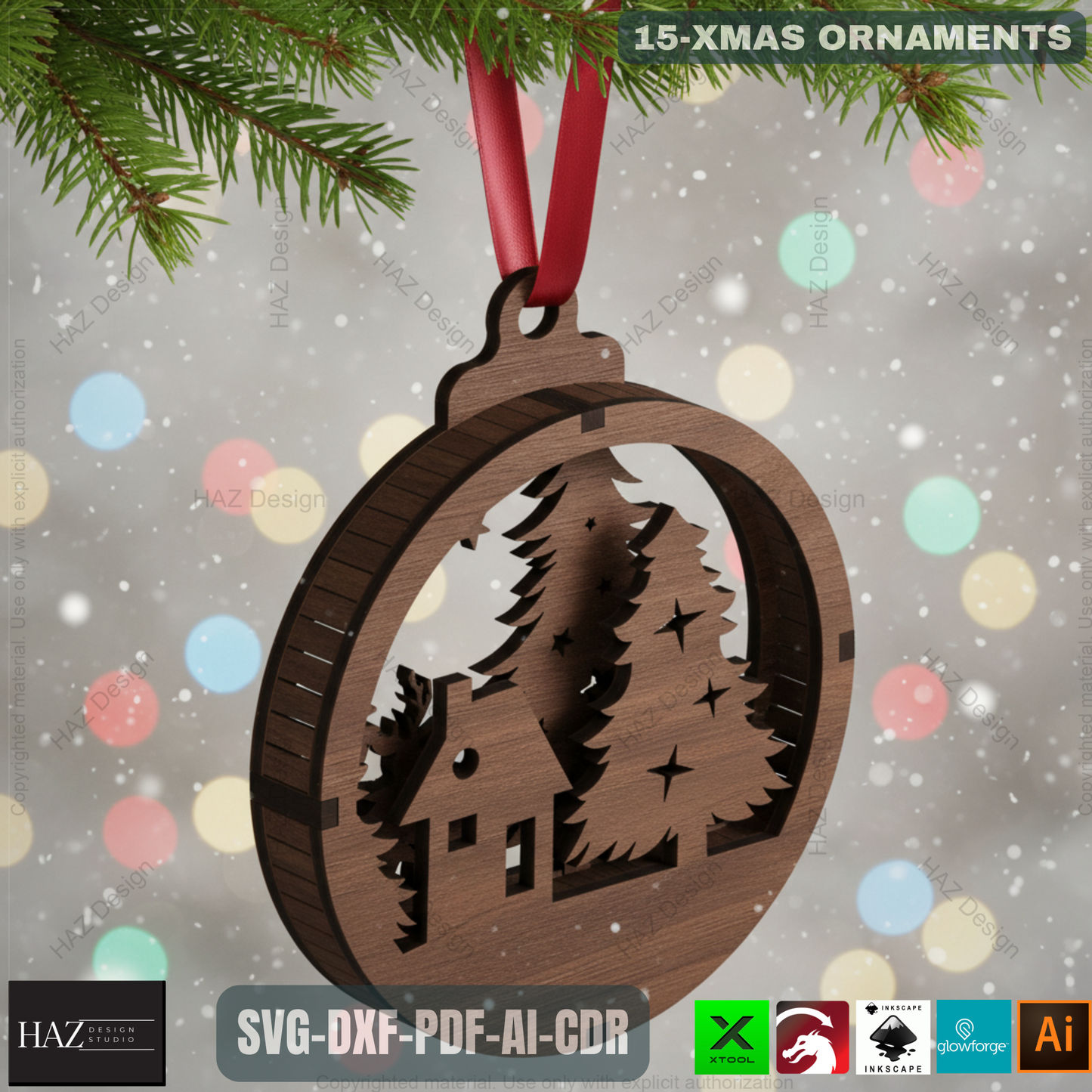 Christmas Laser Cut Ornament SVG Bundle - 15 Unique Wooden Xmas Pendant Designs for Glowforge & Xtool 487