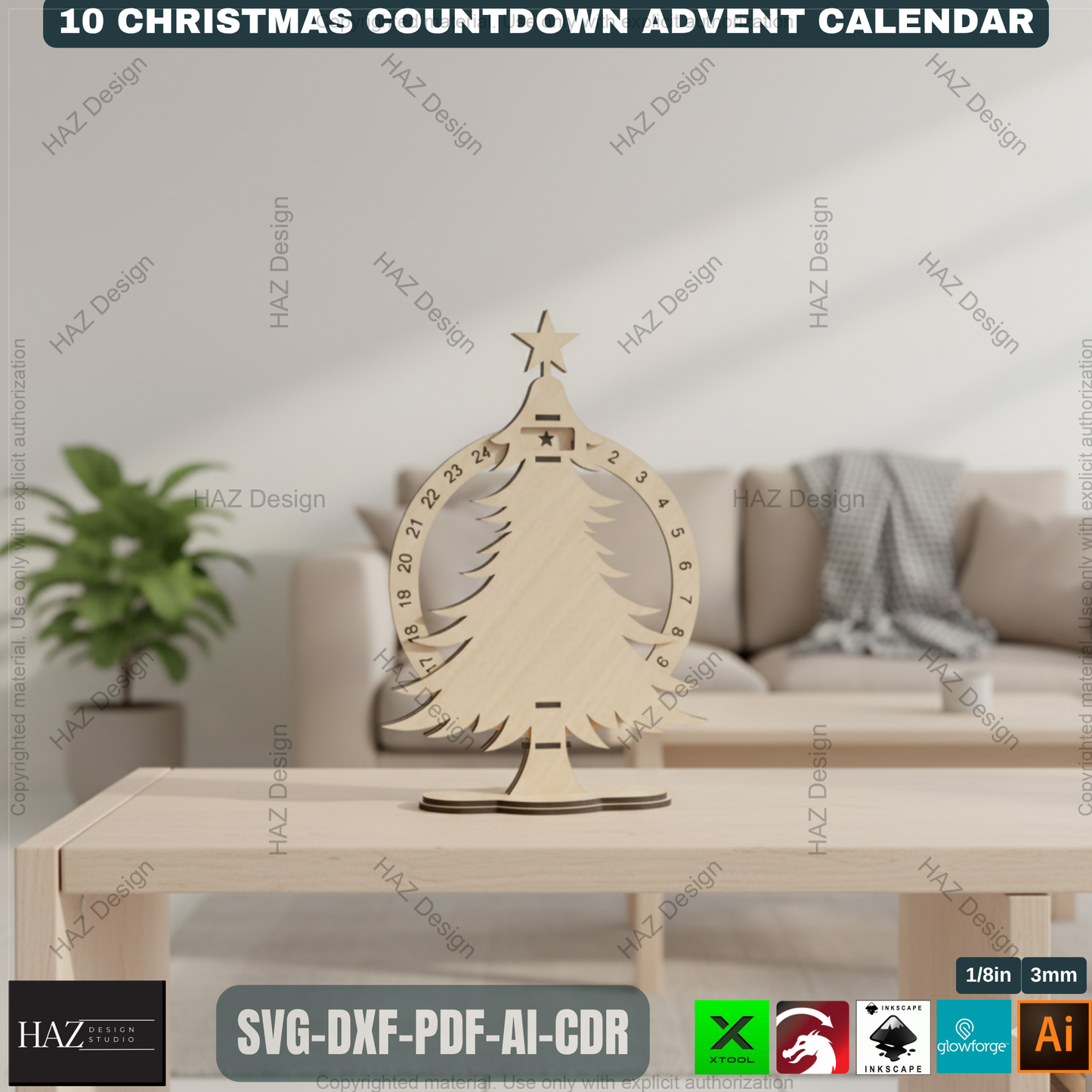 Festive Countdown Advent Calendar Laser Cut Files, Wooden Christmas Decor Template for Glowforge & Xtool, Holiday Craft Project 498
