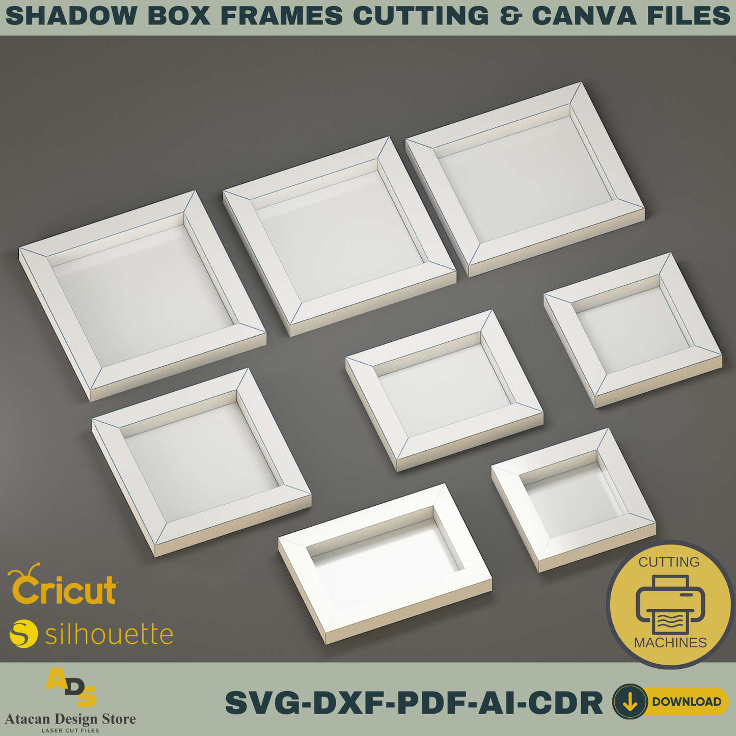 Shadow Box Frame Cutting Template Set | 8 Sizes svg, DXF, PDF, ai, CDR Files | Cricut & Silhouette Compatible | Canva Editable Design 766