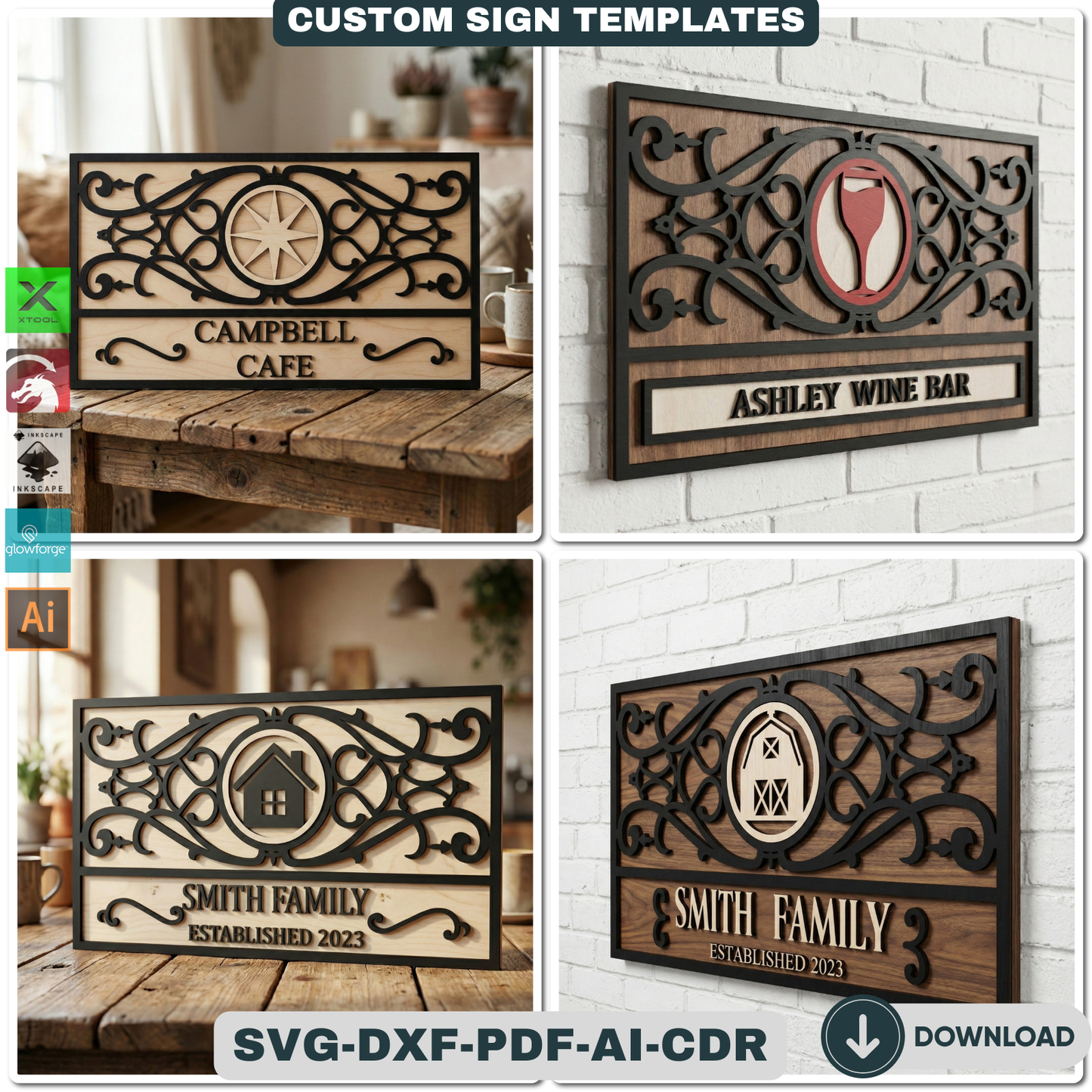 Customizable Frame Sign Board Templates for Laser Cutting | Personalize Cafe Restaurant & Home Decor Wall Art | Glowforge Xtool Ready 931