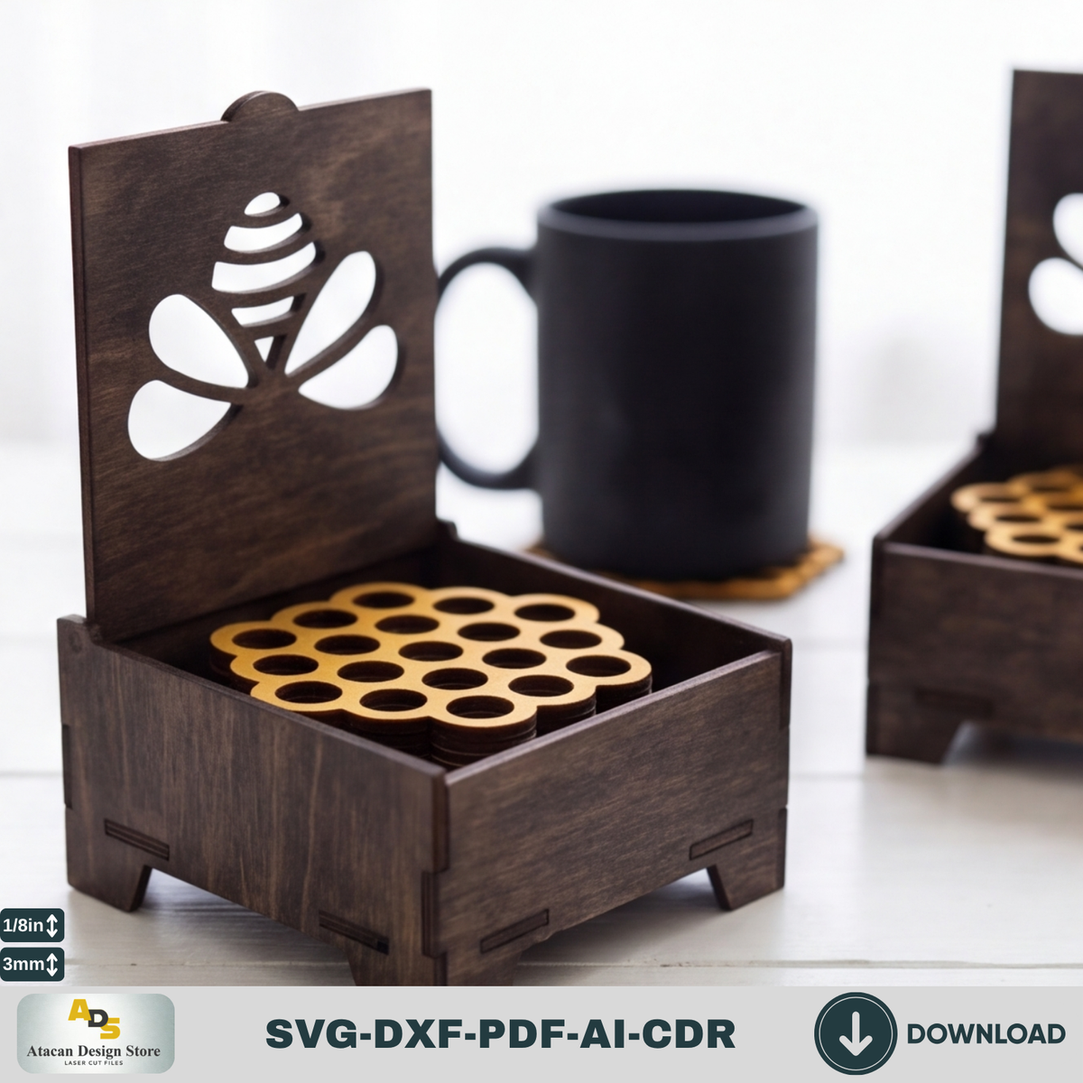 Honey Bee Coaster Set with Box SVG, Hexagon Honeycomb Coasters, Coaster Holder 305