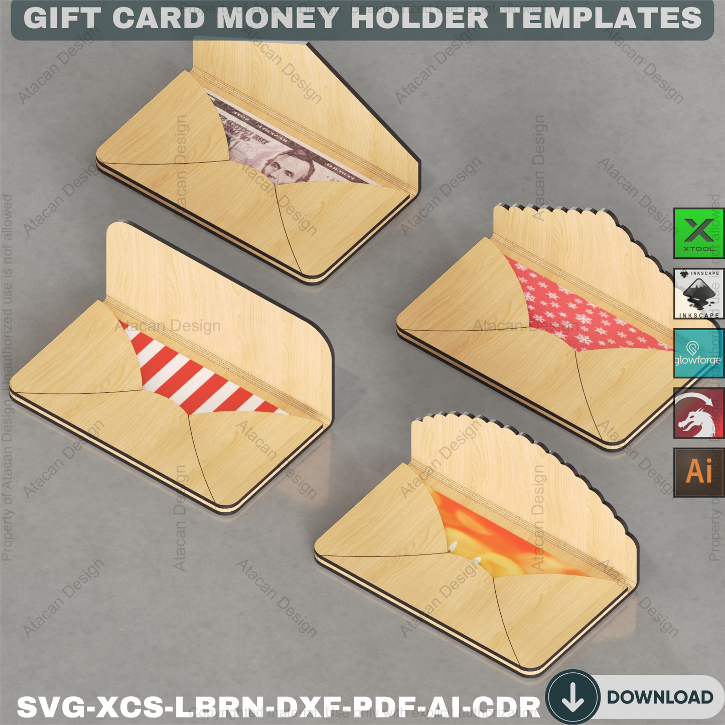 Wooden Envelope Style Money Holder and Gift Card Templates for Laser Cutting DIY Wedding Graduation and Birthday Gifts 898