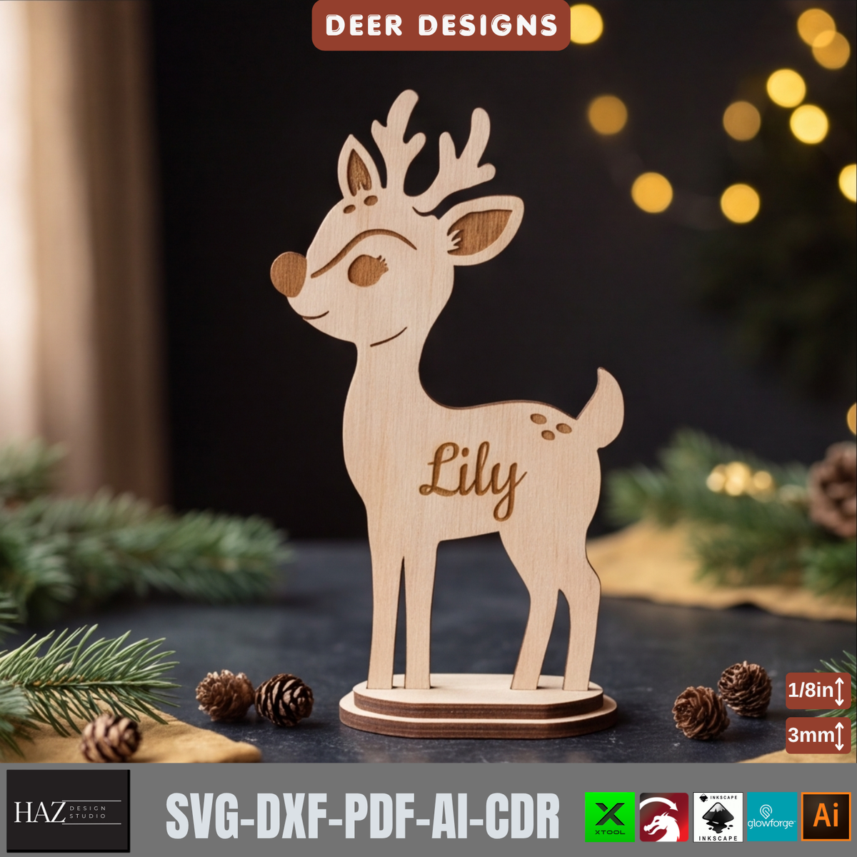 Personalized Reindeer Family Laser Cut SVG – Christmas Wooden Decor Stand