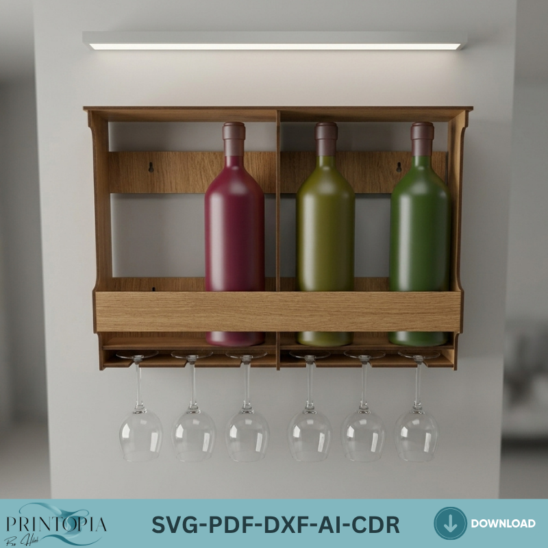 Wall Mounted Wine Rack with Glass Holder Modern Wood Wine Shelf Laser Cut Files