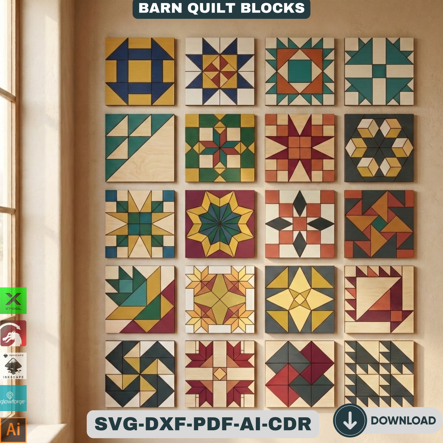 Quilt Block Patterns Laser Cut Template Modern Mosaic Wood Wall Art Farmhouse Decor DIY Patchwork Sign 936