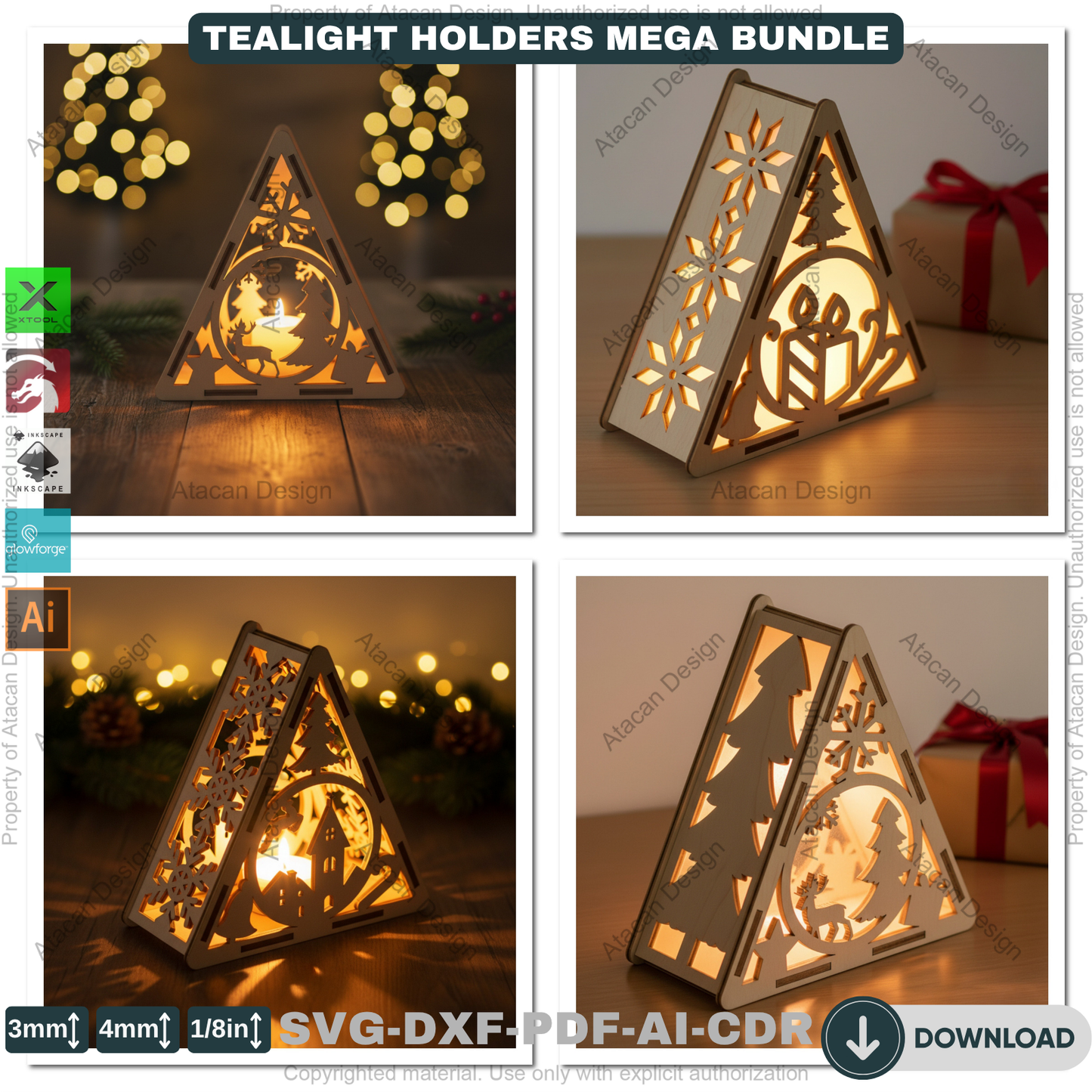 Christmas Pyramid Candle Holder Bundle Laser Cut Template Tealight Lantern Designs Winter Wood Decor Night Lights 919
