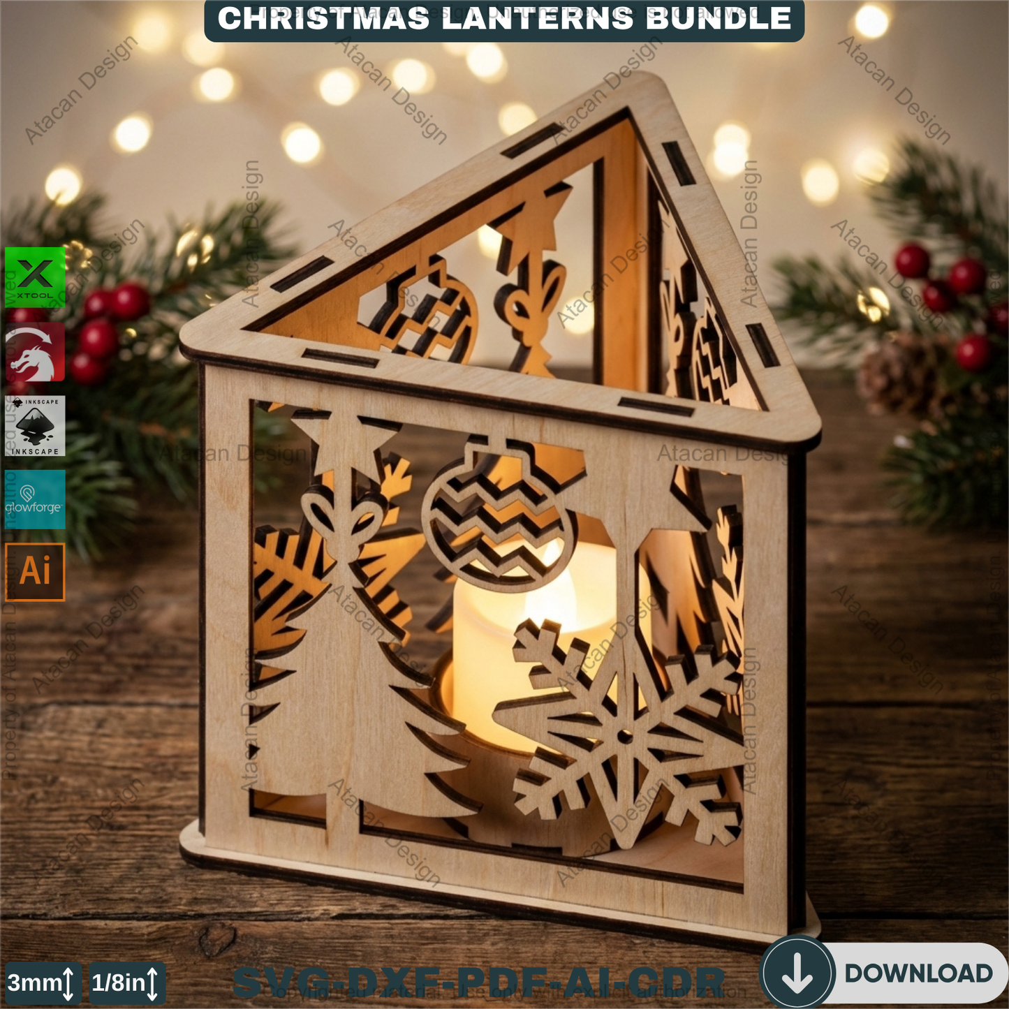 Christmas Lanterns Bundle Laser Cut Templates | Holiday Candle Box Decor | Tealight Holder Designs 930