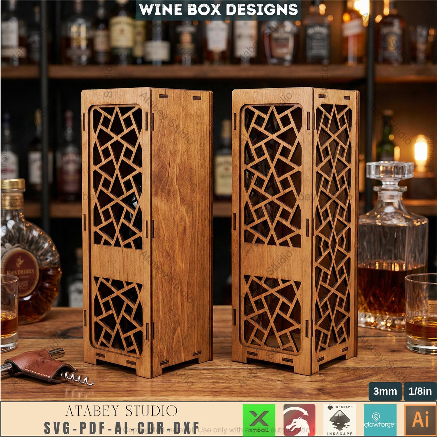 Laser Cut Wine Bottle Gift Box Bundle, Wooden Wine Carrier, Decorative Wine Box 987
