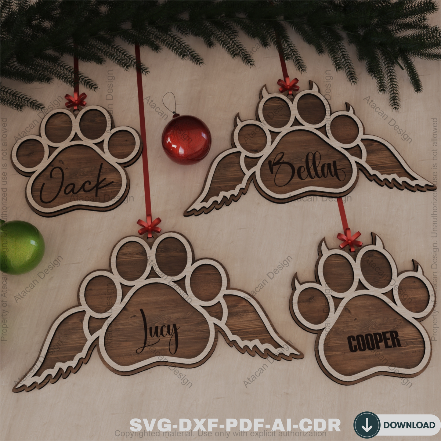 Personalized Dog Paw Ornament - Custom Wooden Pet Christmas Keepsake for Laser Cutting 807