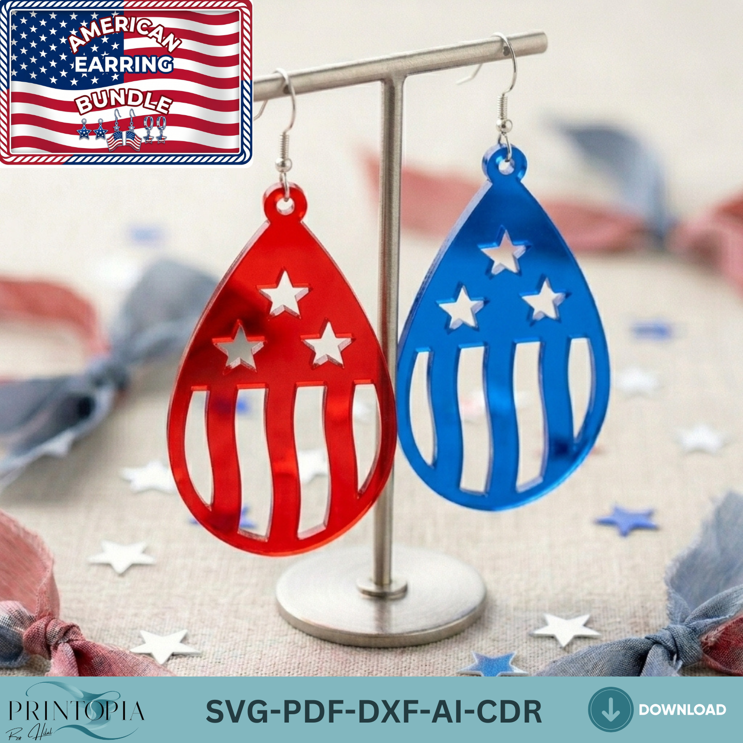 Patriotic Earring Laser Cut Design, Fourth of July American Flag Jewelry Template, USA Stars Independence Day
