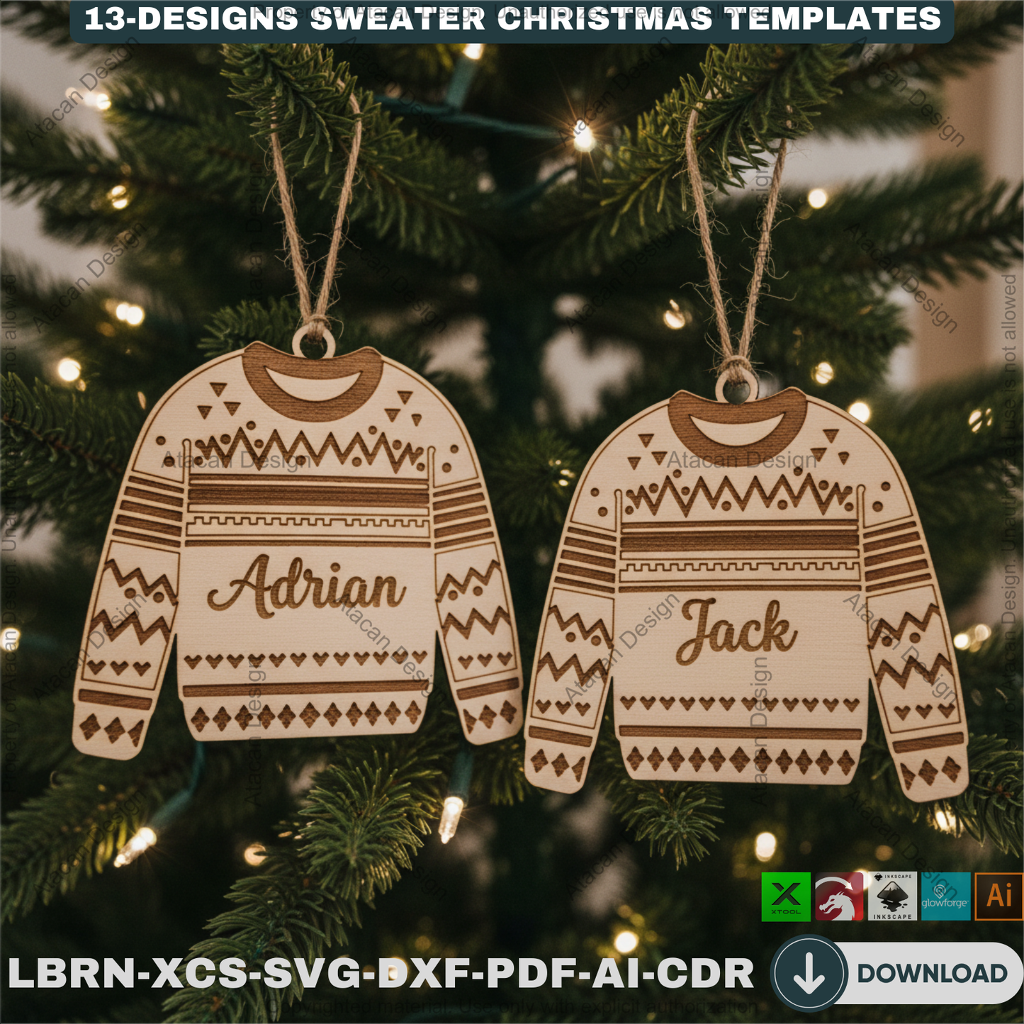Personalized Sweater Christmas Ornament Bundle | 13 Holiday Designs | Laser Cut Template Set for DIY Xmas Gifts 918
