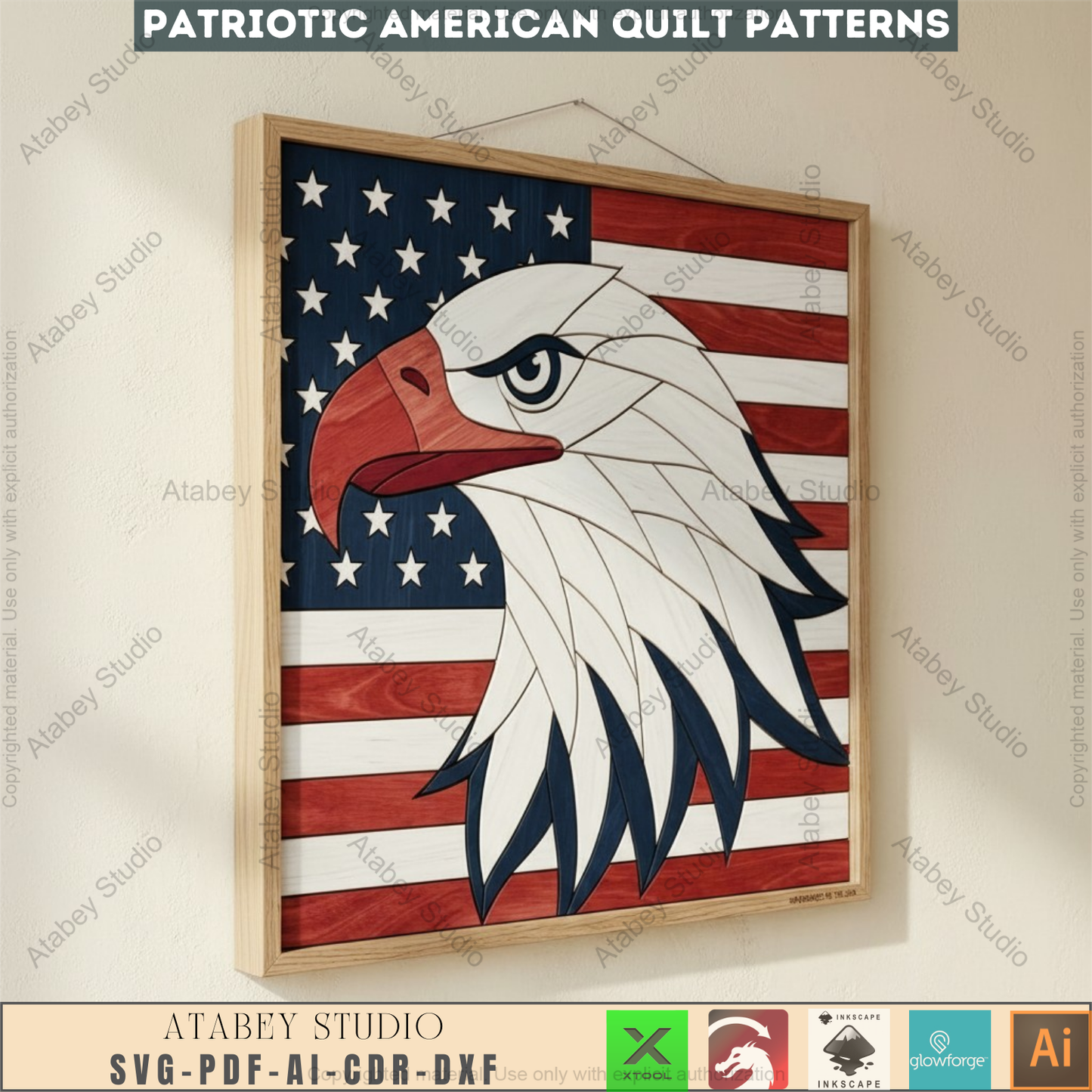 American Eagle Patriotic Quilt Pattern Laser Cut File Bald Eagle Americana Wall Art Vector 995