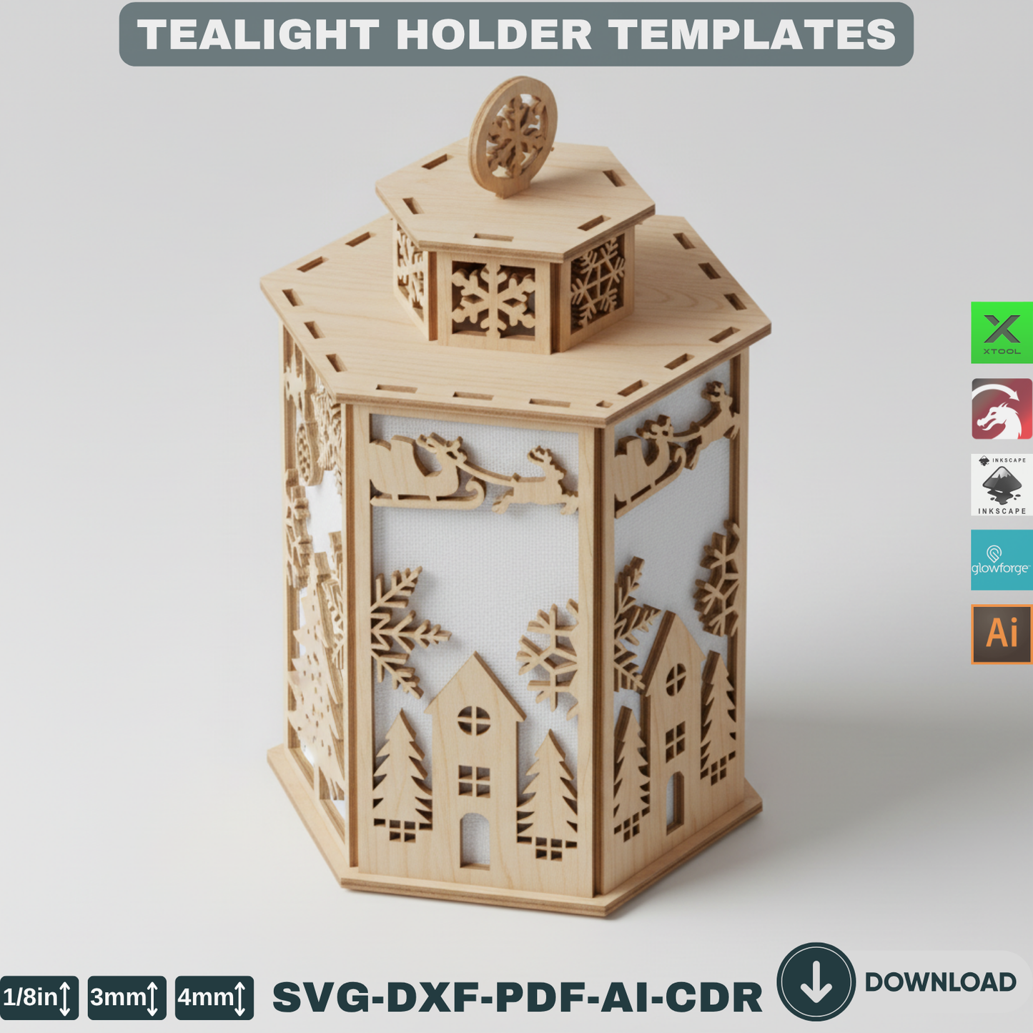 Laser Cut Christmas Lantern Set – Wooden Tealight Holders, DIY Tabletop Holiday Lights, Winter Village Christmas Home Decor 904